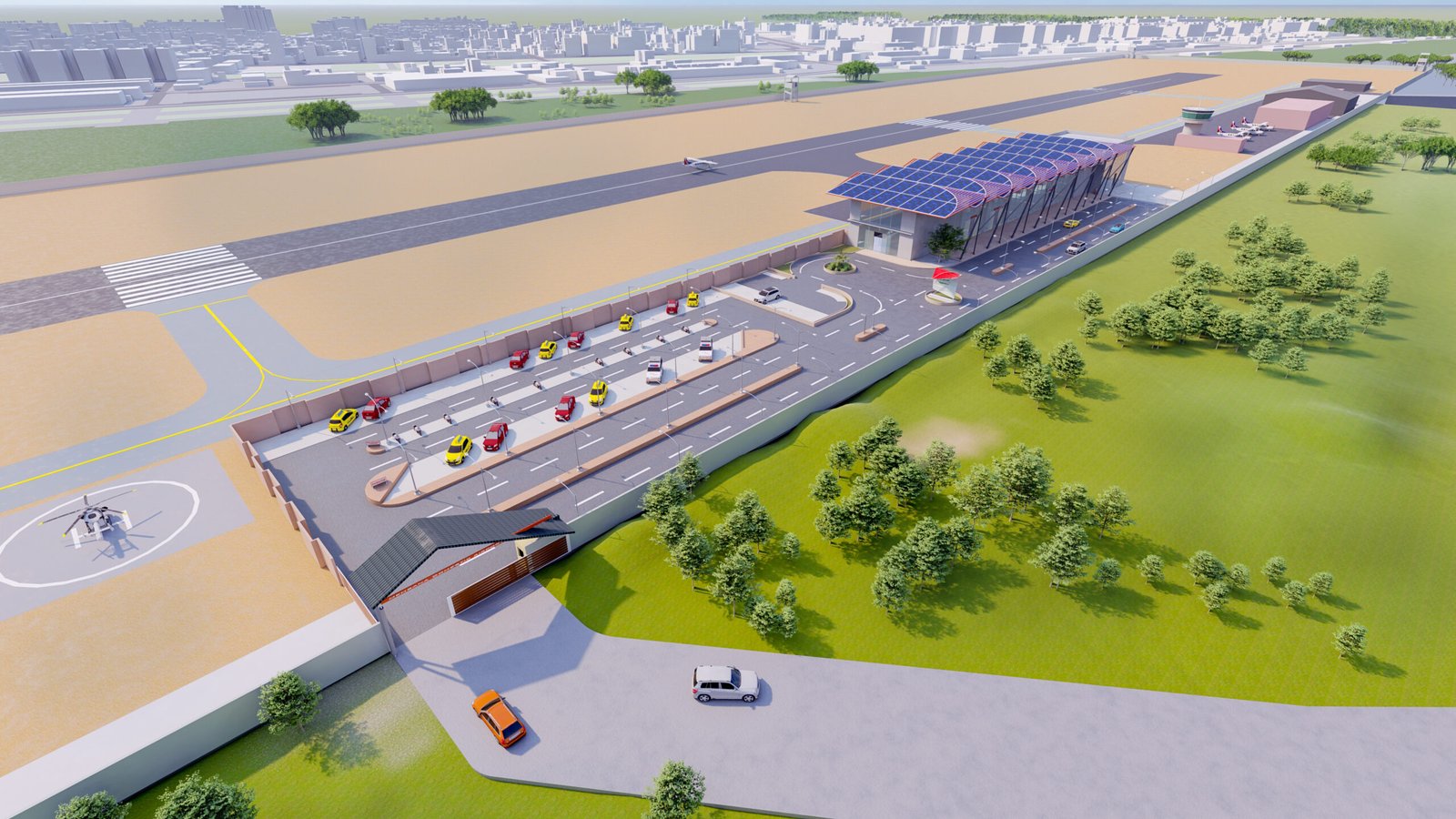 - Exterior of the Aerodrome Complex showcasing living green walls against energy-efficient glass facades - Aerial view of the terminal and runway with integrated solar panels and rainwater harvesting features - Spacious interior of the Aerodrome Complex’s passenger lounge flooded with natural light and sustainable finishes - Control tower rising above eco-conscious landscaping and native plantings - View of the rooftop solar array and rainwater collection tanks at the Aerodrome Complex