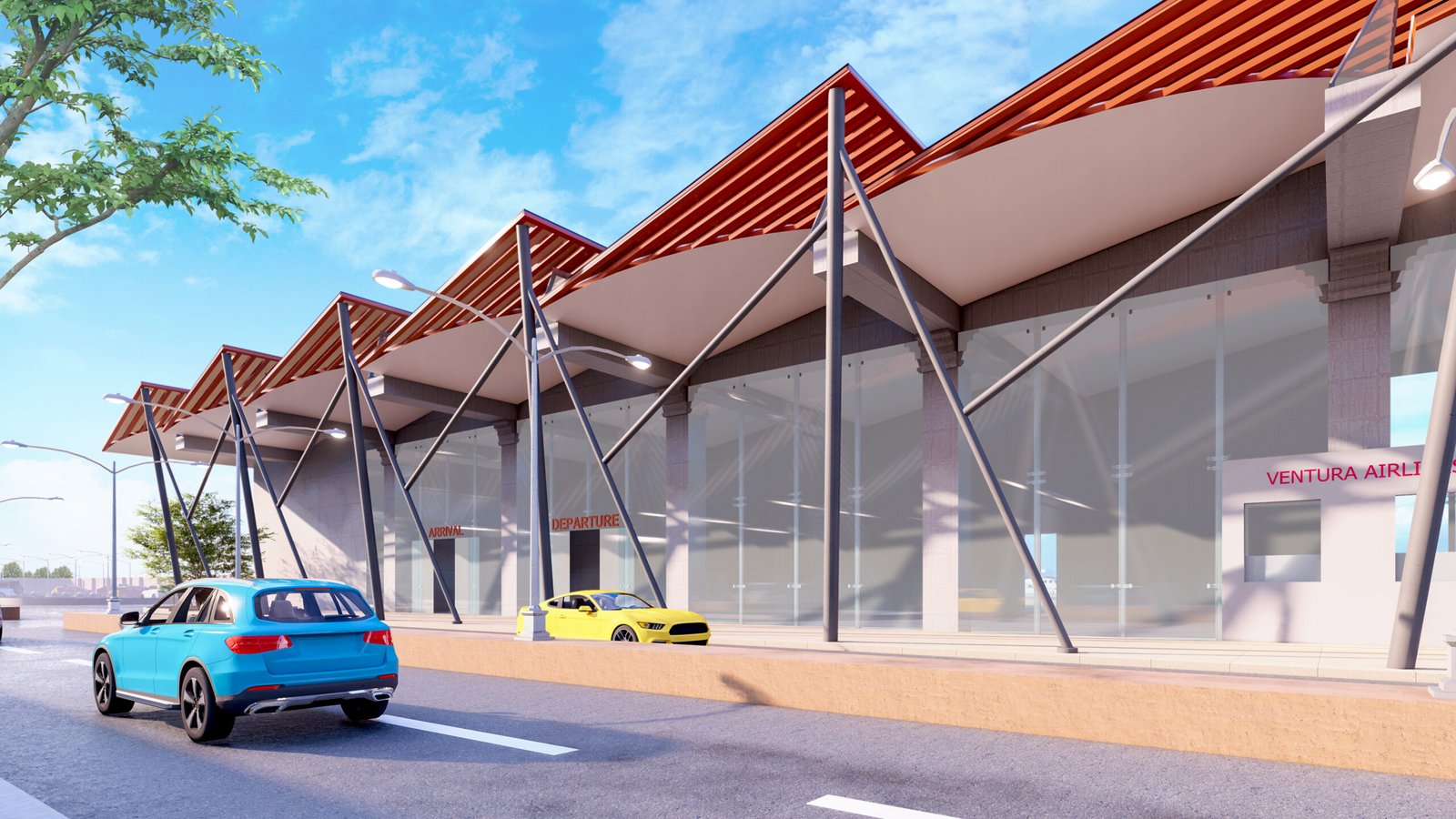 - Exterior of the Aerodrome Complex showcasing living green walls against energy-efficient glass facades - Aerial view of the terminal and runway with integrated solar panels and rainwater harvesting features - Spacious interior of the Aerodrome Complex’s passenger lounge flooded with natural light and sustainable finishes - Control tower rising above eco-conscious landscaping and native plantings - View of the rooftop solar array and rainwater collection tanks at the Aerodrome Complex