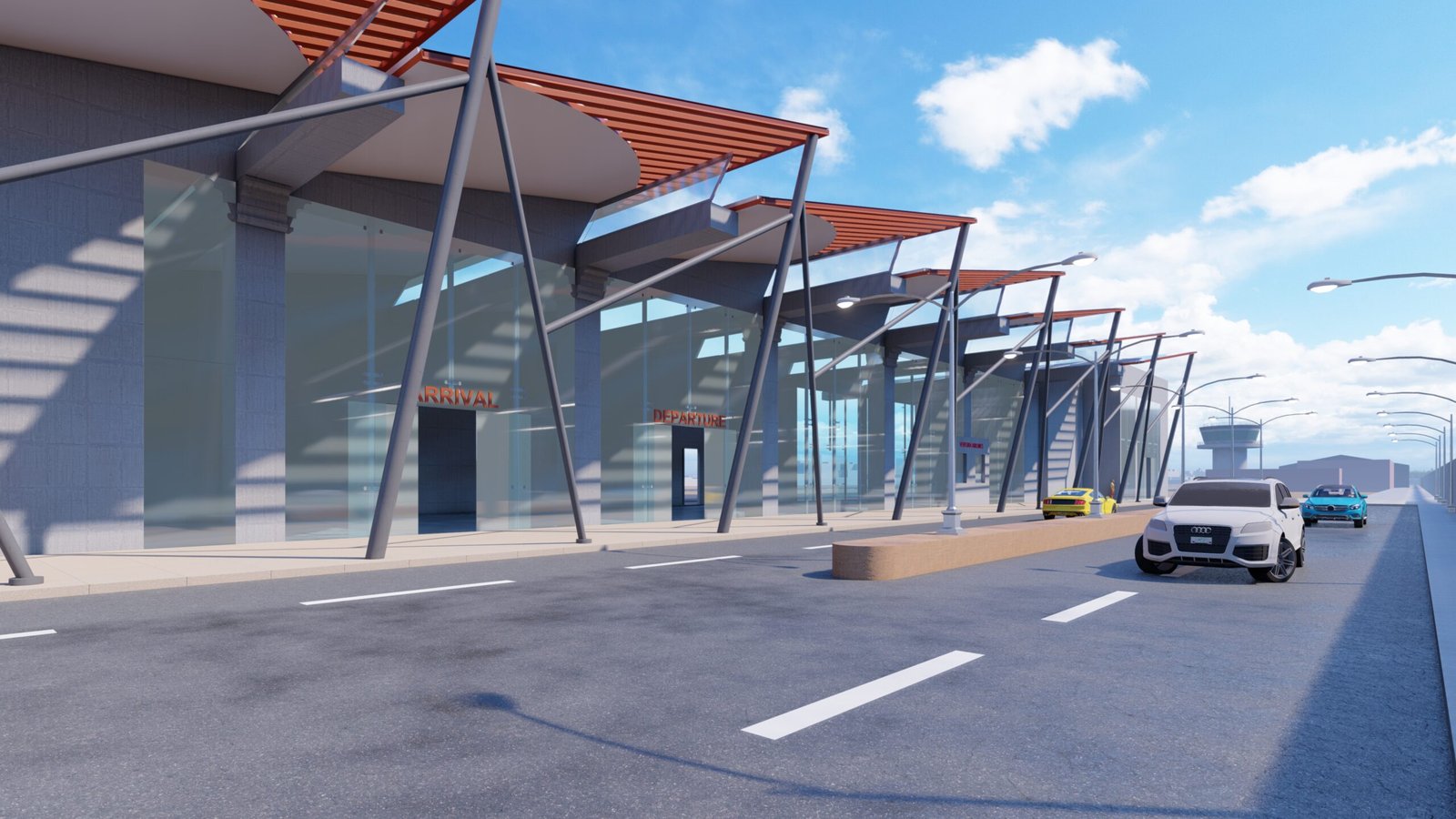 - Exterior of the Aerodrome Complex showcasing living green walls against energy-efficient glass facades - Aerial view of the terminal and runway with integrated solar panels and rainwater harvesting features - Spacious interior of the Aerodrome Complex’s passenger lounge flooded with natural light and sustainable finishes - Control tower rising above eco-conscious landscaping and native plantings - View of the rooftop solar array and rainwater collection tanks at the Aerodrome Complex