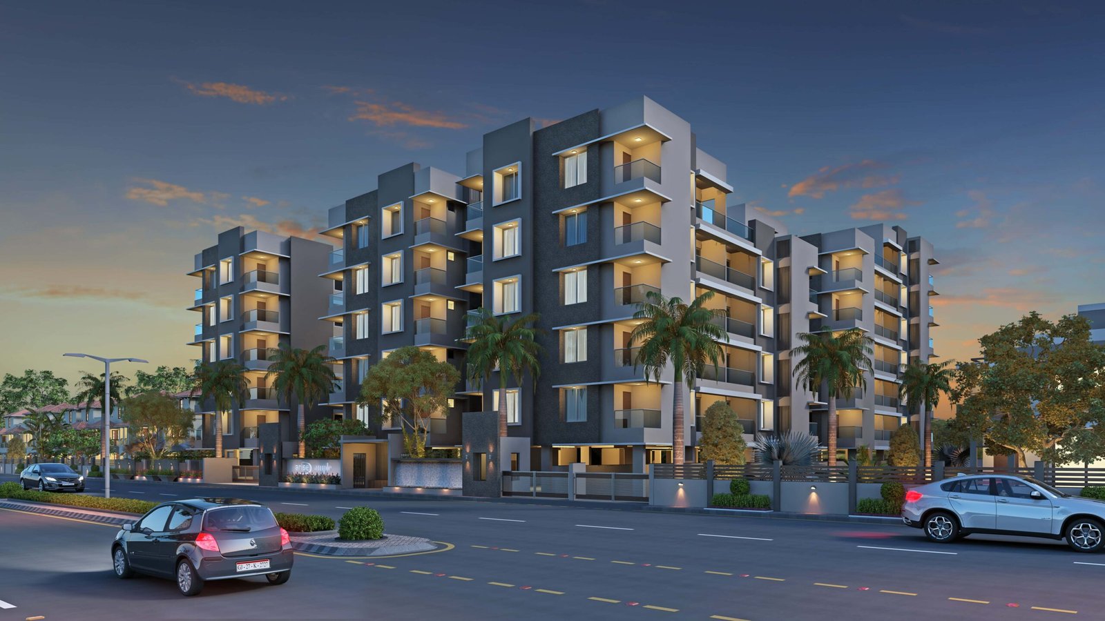- Front elevation of Arise Ample low-rise luxury apartments on S.G. Highway, Ahmedabad - Solar panels and energy-efficient fixtures integrated on the rooftop of Arise Ample residences - Dramatic fenestration pattern across the monotone façade of Arise Ample apartments - Achromatic color scheme with bold planes and shaded tints on the Arise Ample exterior - Landscaped courtyard promoting healthy living at the environmentally friendly Arise Ample complex