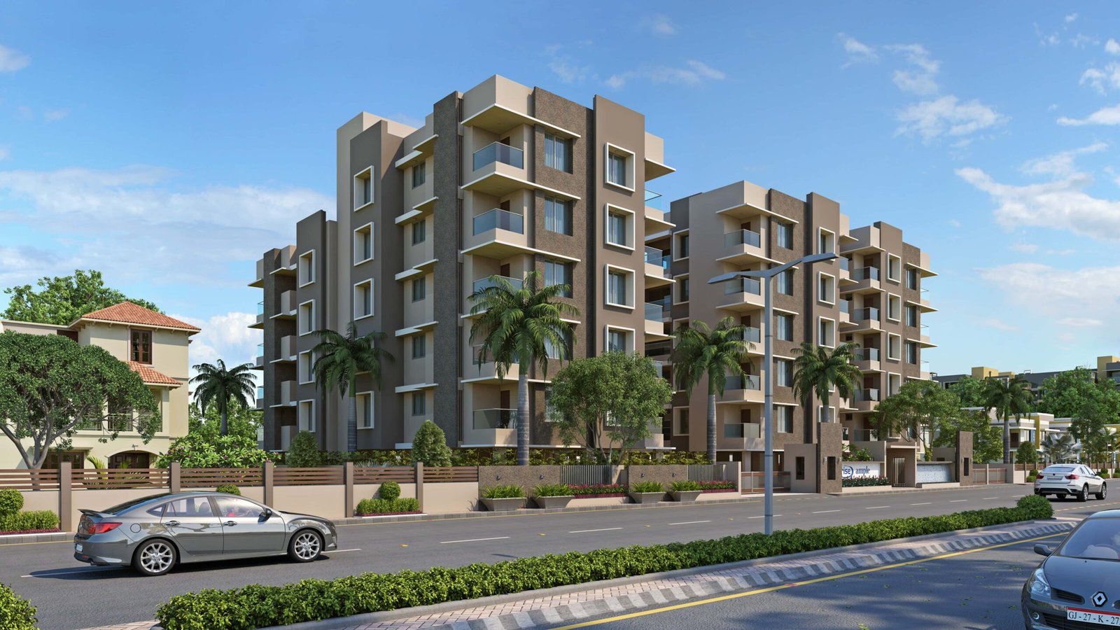 - Front elevation of Arise Ample low-rise luxury apartments on S.G. Highway, Ahmedabad - Solar panels and energy-efficient fixtures integrated on the rooftop of Arise Ample residences - Dramatic fenestration pattern across the monotone façade of Arise Ample apartments - Achromatic color scheme with bold planes and shaded tints on the Arise Ample exterior - Landscaped courtyard promoting healthy living at the environmentally friendly Arise Ample complex