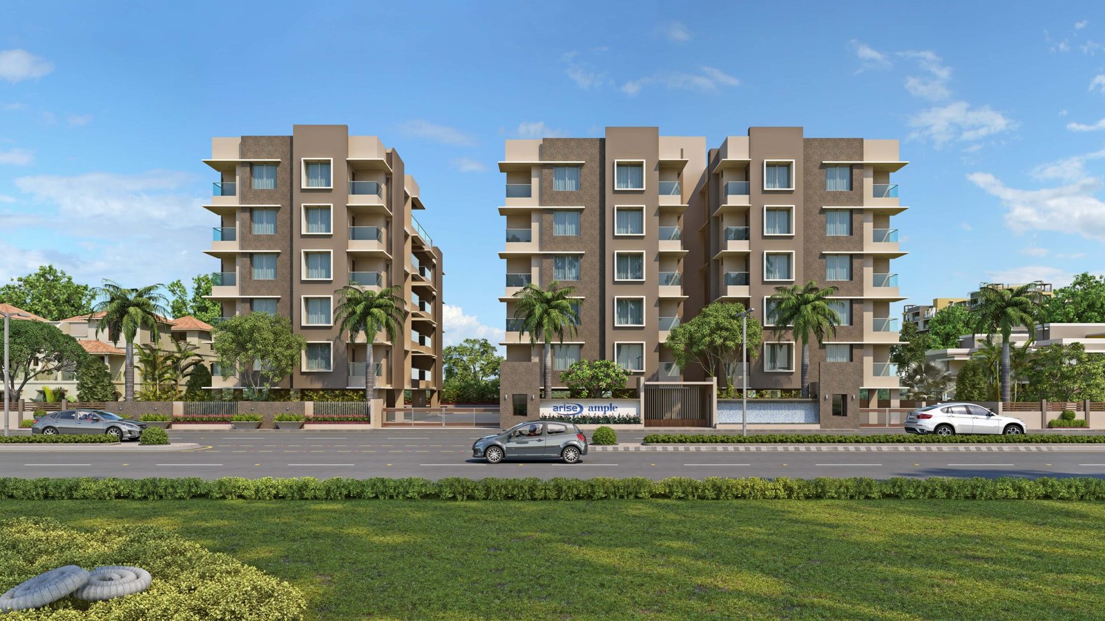- Front elevation of Arise Ample low-rise luxury apartments on S.G. Highway, Ahmedabad - Solar panels and energy-efficient fixtures integrated on the rooftop of Arise Ample residences - Dramatic fenestration pattern across the monotone façade of Arise Ample apartments - Achromatic color scheme with bold planes and shaded tints on the Arise Ample exterior - Landscaped courtyard promoting healthy living at the environmentally friendly Arise Ample complex
