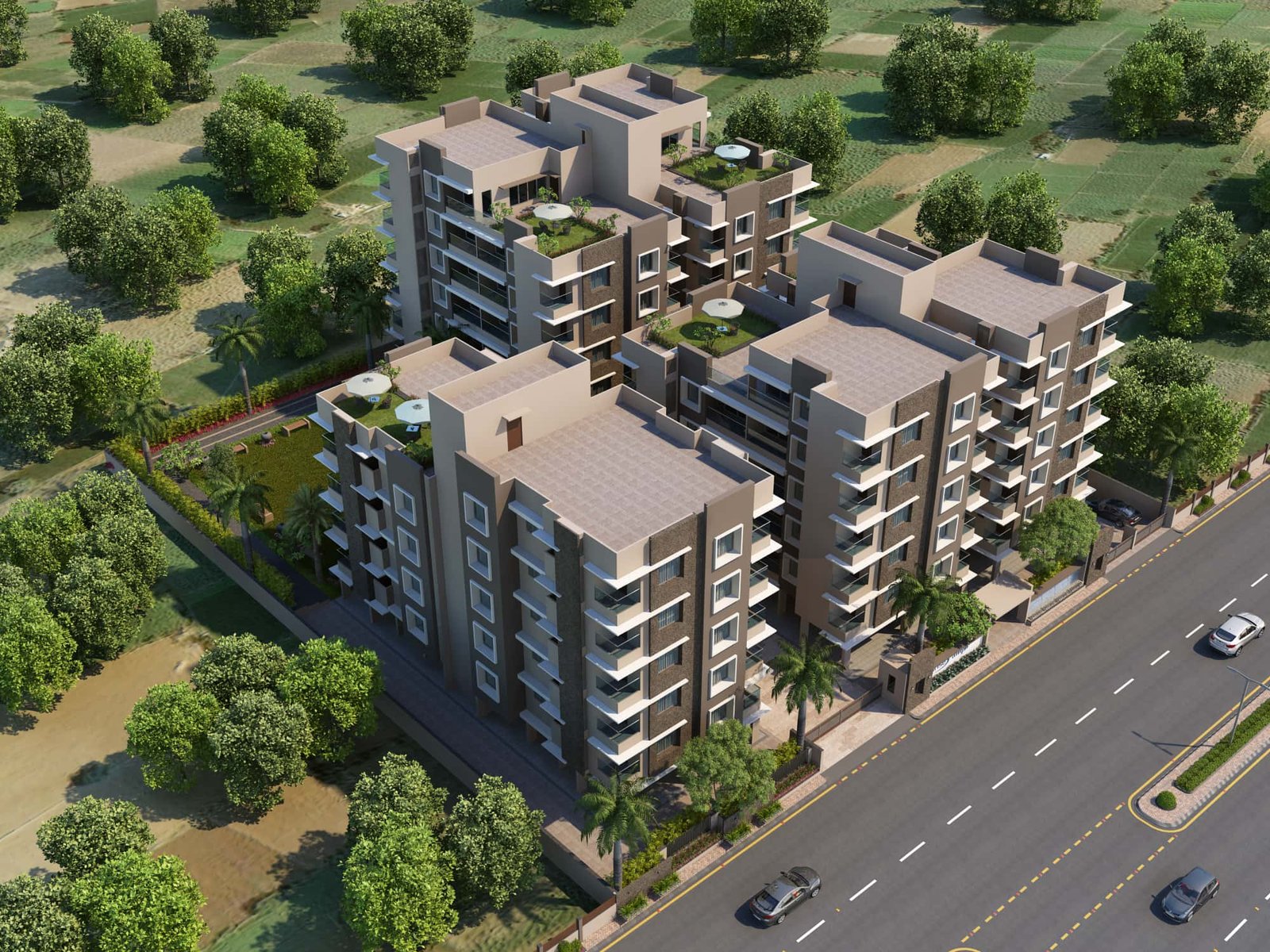 - Front elevation of Arise Ample low-rise luxury apartments on S.G. Highway, Ahmedabad - Solar panels and energy-efficient fixtures integrated on the rooftop of Arise Ample residences - Dramatic fenestration pattern across the monotone façade of Arise Ample apartments - Achromatic color scheme with bold planes and shaded tints on the Arise Ample exterior - Landscaped courtyard promoting healthy living at the environmentally friendly Arise Ample complex