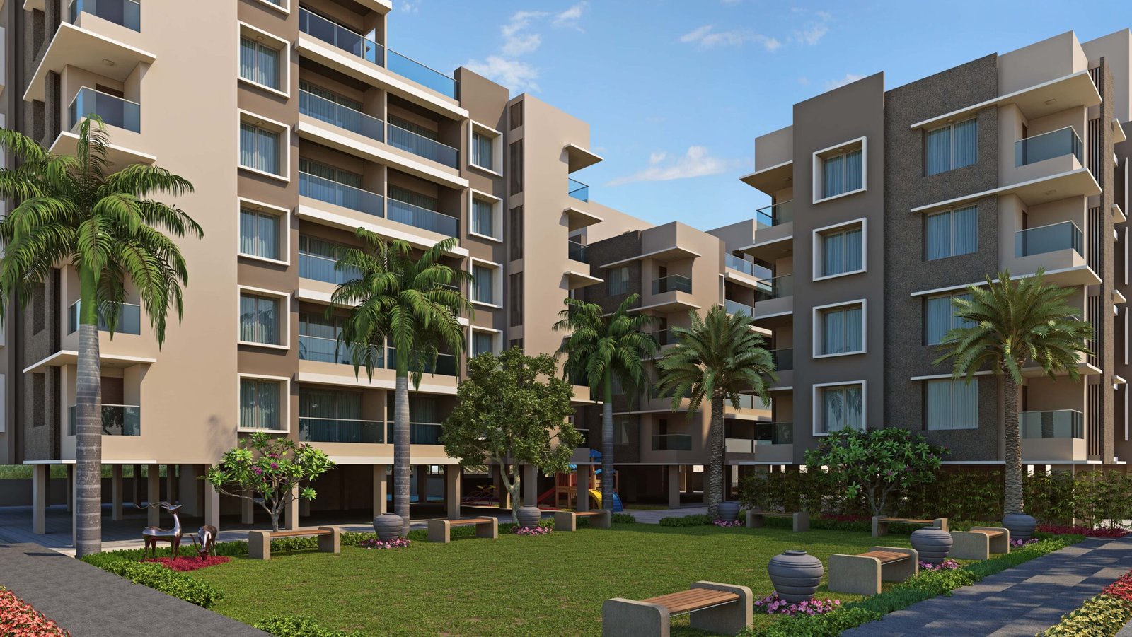 - Front elevation of Arise Ample low-rise luxury apartments on S.G. Highway, Ahmedabad - Solar panels and energy-efficient fixtures integrated on the rooftop of Arise Ample residences - Dramatic fenestration pattern across the monotone façade of Arise Ample apartments - Achromatic color scheme with bold planes and shaded tints on the Arise Ample exterior - Landscaped courtyard promoting healthy living at the environmentally friendly Arise Ample complex