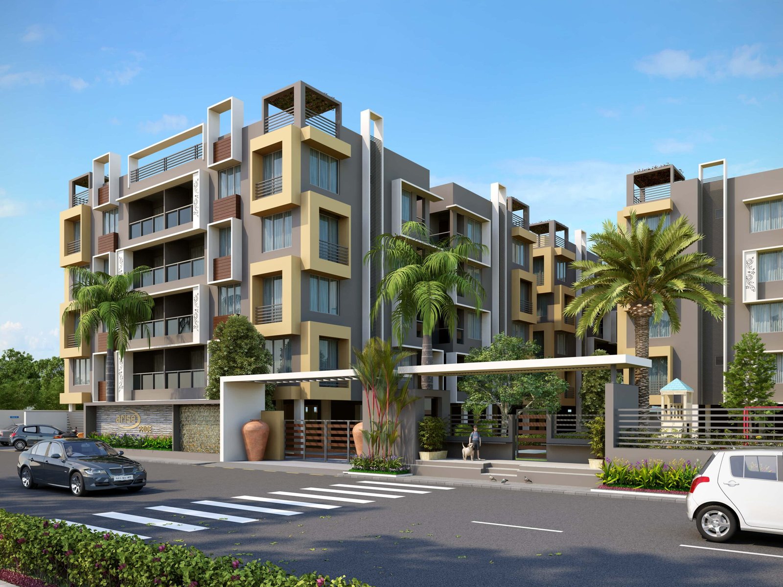 - Front elevation of the 4-storey Arise Icon building with landscaped courtyard and ramp access - Interior of a 2 BHK apartment at Arise Icon highlighting open-plan living and built-in storage - 3 BHK unit at Arise Icon with floor-to-ceiling glazing and seamless flow between rooms - Universal-access pathway and seating nook in Arise Icon’s outdoor garden - Rooftop terrace at Arise Icon featuring greenery, seating pods, and city views - Exterior view of Arise Pride’s minimalist 3 BHK residential tower on S.G. Highway - Open-plan living room in a 3 BHK apartment at Arise Pride with sleek finishes - Corridors and circulation spaces in Arise Pride showcasing efficient layout planning - Child-friendly landscaped play area within Arise Pride’s grounds - Shaded garden path and seating benches for seniors at Arise Pride complex