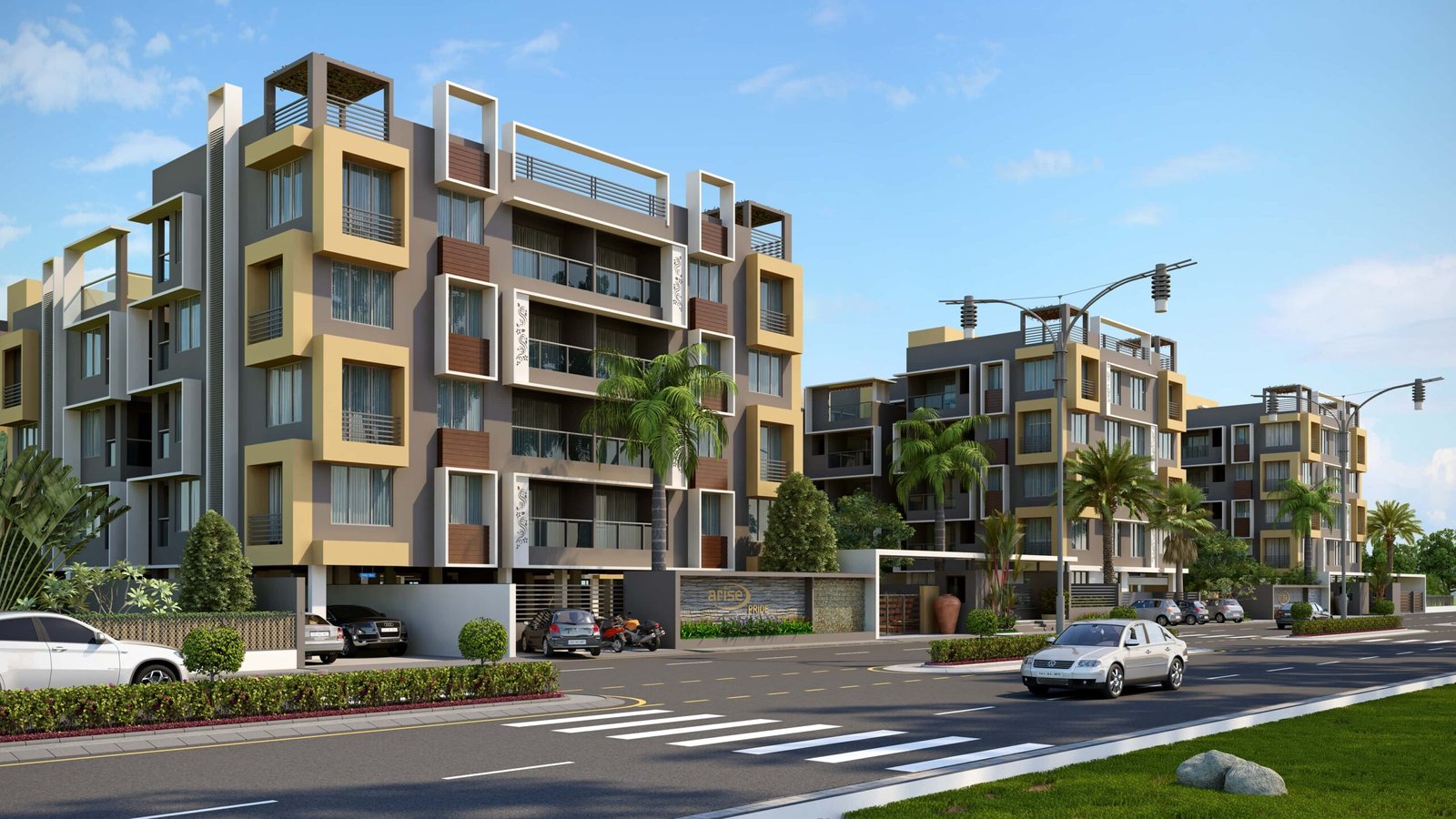 - Front elevation of the 4-storey Arise Icon building with landscaped courtyard and ramp access - Interior of a 2 BHK apartment at Arise Icon highlighting open-plan living and built-in storage - 3 BHK unit at Arise Icon with floor-to-ceiling glazing and seamless flow between rooms - Universal-access pathway and seating nook in Arise Icon’s outdoor garden - Rooftop terrace at Arise Icon featuring greenery, seating pods, and city views - Exterior view of Arise Pride’s minimalist 3 BHK residential tower on S.G. Highway - Open-plan living room in a 3 BHK apartment at Arise Pride with sleek finishes - Corridors and circulation spaces in Arise Pride showcasing efficient layout planning - Child-friendly landscaped play area within Arise Pride’s grounds - Shaded garden path and seating benches for seniors at Arise Pride complex