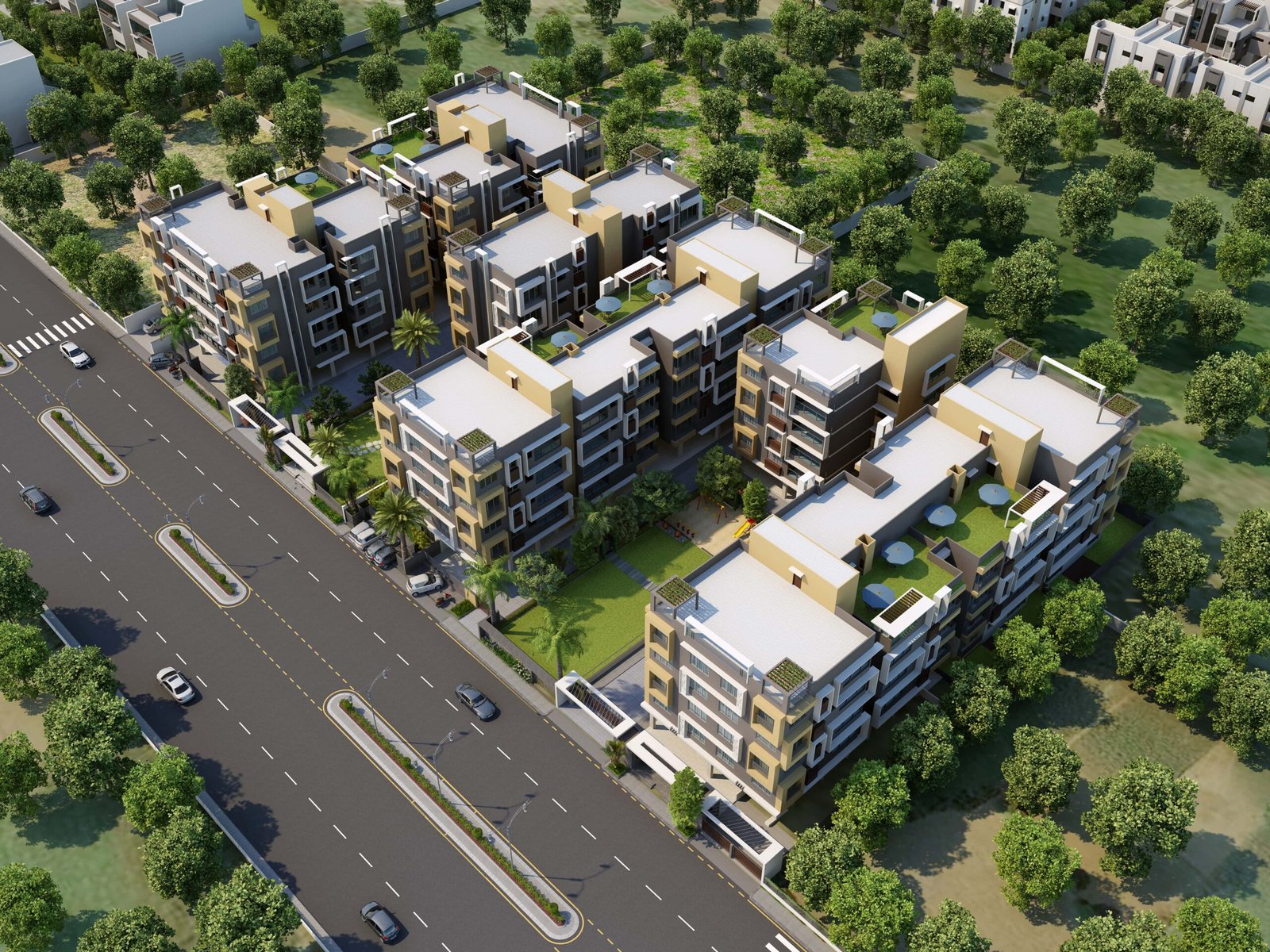 - Front elevation of the 4-storey Arise Icon building with landscaped courtyard and ramp access - Interior of a 2 BHK apartment at Arise Icon highlighting open-plan living and built-in storage - 3 BHK unit at Arise Icon with floor-to-ceiling glazing and seamless flow between rooms - Universal-access pathway and seating nook in Arise Icon’s outdoor garden - Rooftop terrace at Arise Icon featuring greenery, seating pods, and city views - Exterior view of Arise Pride’s minimalist 3 BHK residential tower on S.G. Highway - Open-plan living room in a 3 BHK apartment at Arise Pride with sleek finishes - Corridors and circulation spaces in Arise Pride showcasing efficient layout planning - Child-friendly landscaped play area within Arise Pride’s grounds - Shaded garden path and seating benches for seniors at Arise Pride complex
