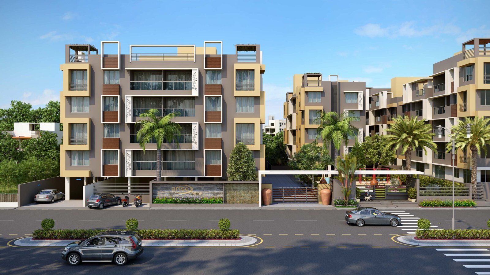 - Front elevation of the 4-storey Arise Icon building with landscaped courtyard and ramp access - Interior of a 2 BHK apartment at Arise Icon highlighting open-plan living and built-in storage - 3 BHK unit at Arise Icon with floor-to-ceiling glazing and seamless flow between rooms - Universal-access pathway and seating nook in Arise Icon’s outdoor garden - Rooftop terrace at Arise Icon featuring greenery, seating pods, and city views - Exterior view of Arise Pride’s minimalist 3 BHK residential tower on S.G. Highway - Open-plan living room in a 3 BHK apartment at Arise Pride with sleek finishes - Corridors and circulation spaces in Arise Pride showcasing efficient layout planning - Child-friendly landscaped play area within Arise Pride’s grounds - Shaded garden path and seating benches for seniors at Arise Pride complex