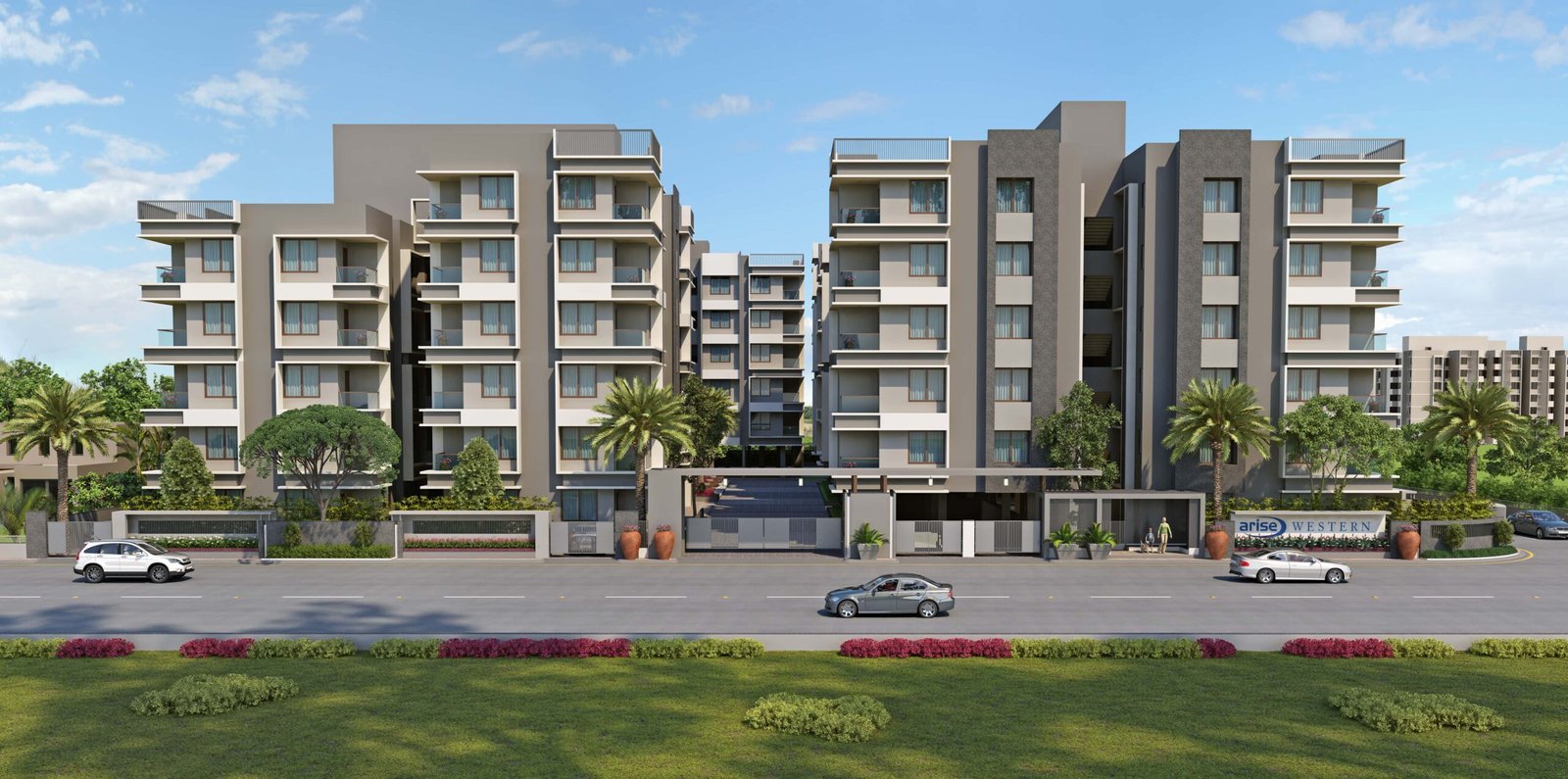 - Exterior view of Arise Western residential towers along S. G. Highway with landscaped frontage - Aerial perspective showing the clubhouse and green spaces between Arise Western buildings - Modern gymnasium interior at Arise Western featuring fitness equipment and natural light - Children and elderly enjoying the landscaped courtyard and walking paths at Arise Western - Furnished 3 BHK apartment living room with contemporary finishes and open layout