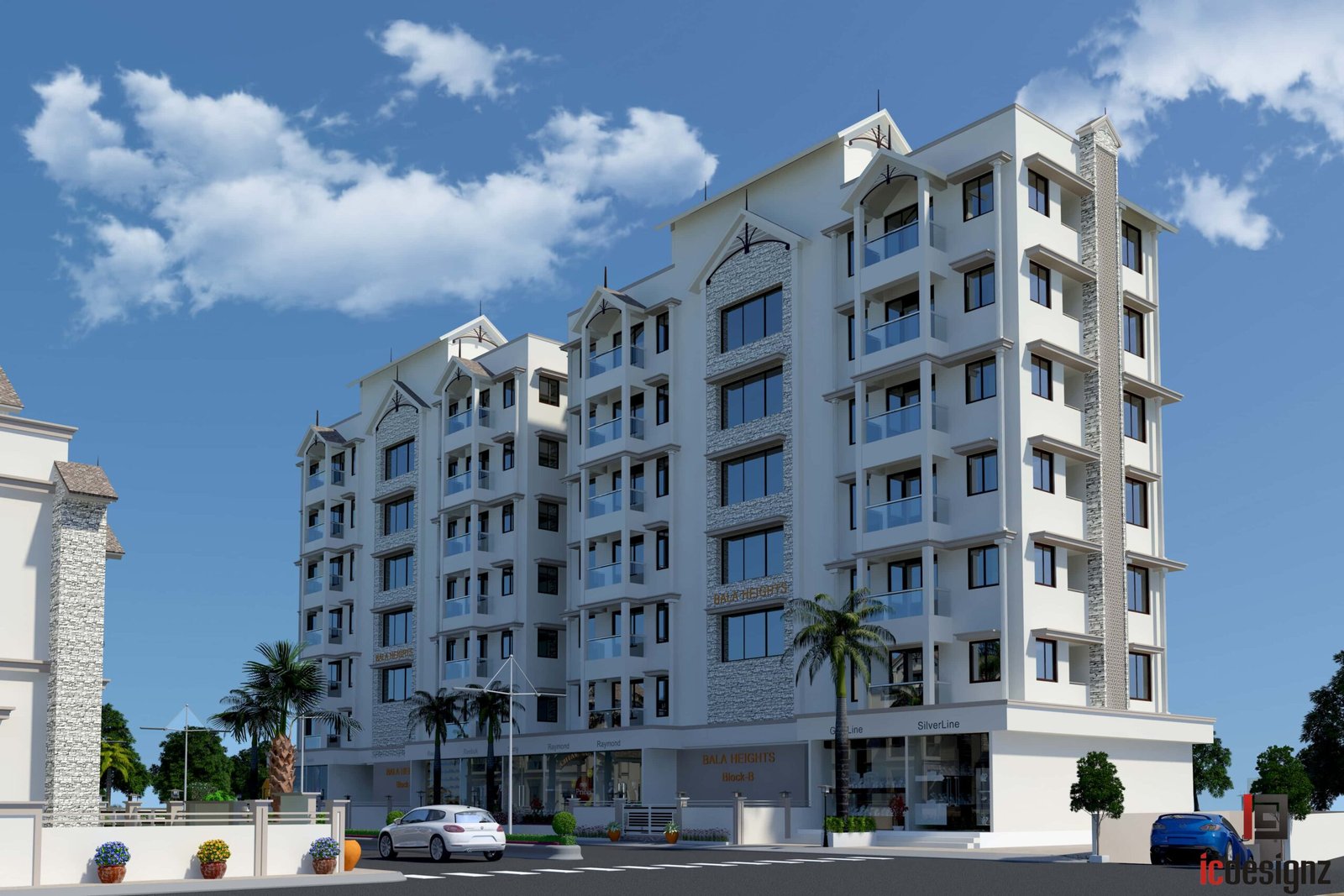 - Front elevation of Bala Heights high-rise in Mehsana, showcasing traditional motifs and modern glass accents - Ornate wrought-iron balcony details on the classic facade of Bala Heights residential tower - Street-level view of ground-floor shops integrated into the Bala Heights mixed-use development - Interior perspective of a 2 BHK apartment at Bala Heights, blending heritage details with contemporary finishes - Landscaped communal courtyard at Bala Heights, featuring greenery and seating areas for residents