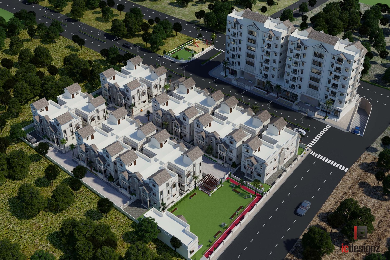 - Front elevation of Bala Heights high-rise in Mehsana, showcasing traditional motifs and modern glass accents - Ornate wrought-iron balcony details on the classic facade of Bala Heights residential tower - Street-level view of ground-floor shops integrated into the Bala Heights mixed-use development - Interior perspective of a 2 BHK apartment at Bala Heights, blending heritage details with contemporary finishes - Landscaped communal courtyard at Bala Heights, featuring greenery and seating areas for residents