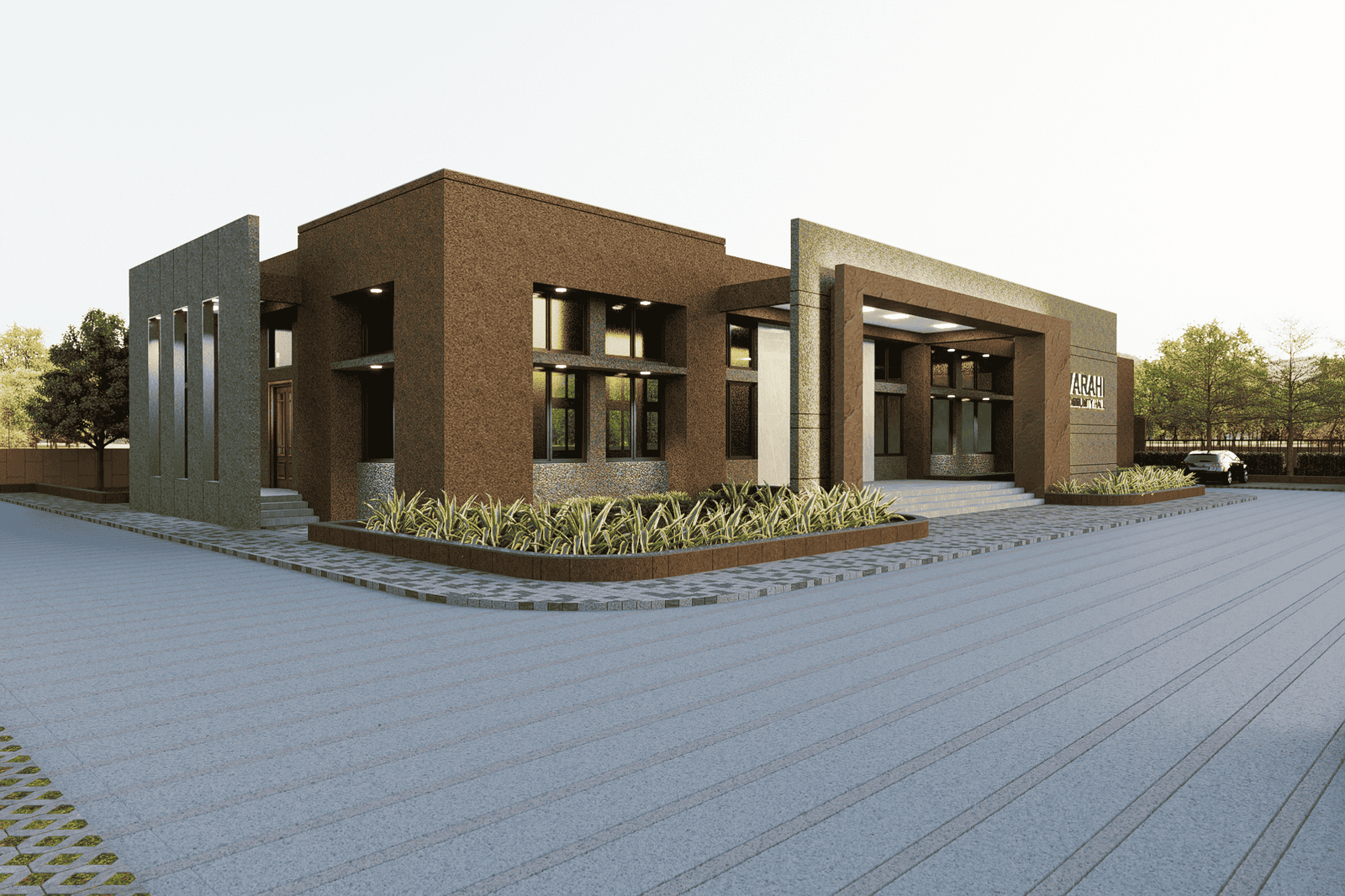 - Exterior view of Varahi Community Hall showcasing a welcoming entrance canopy, local decorative motifs, and landscaped forecourt - Interior shot of the main hall with a flexible open layout, movable seating stacks, and stage area ready for events - Festive gathering inside the hall with residents seated around long tables, colorful decorations, and natural light filtering through clerestory windows - Close-up of ornamental wall patterns and exposed wooden beams that reflect Varahi’s cultural craftsmanship - Night-time façade illuminated by warm uplights, highlighting the building’s form and its integration with surrounding greenery