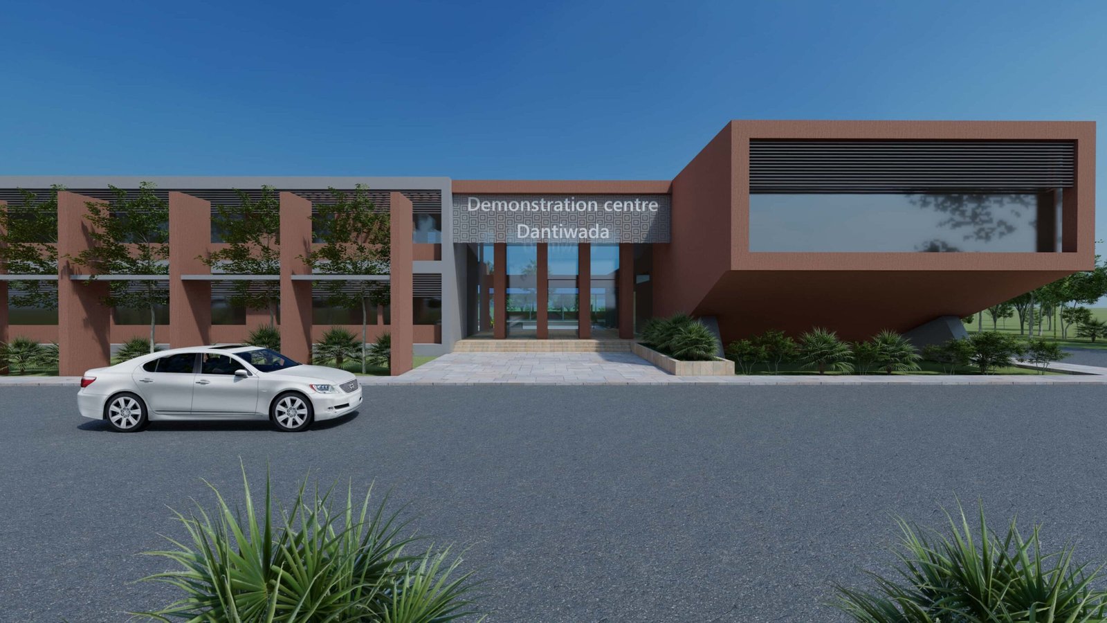 - Front elevation of the SDAU Demonstration Centre showcasing angular, cubist-inspired façades with fractured geometry - Interior exhibition hall with flexible partitions, slanted ceilings, and dynamic daylight patterns - Aerial view of geometric landscaping, green roofs, and integrated rainwater harvesting basins - Interactive learning zone featuring digital kiosks, modular seating, and agricultural displays - Nighttime exterior illuminated to emphasize the play of light and shadow on the cubist forms