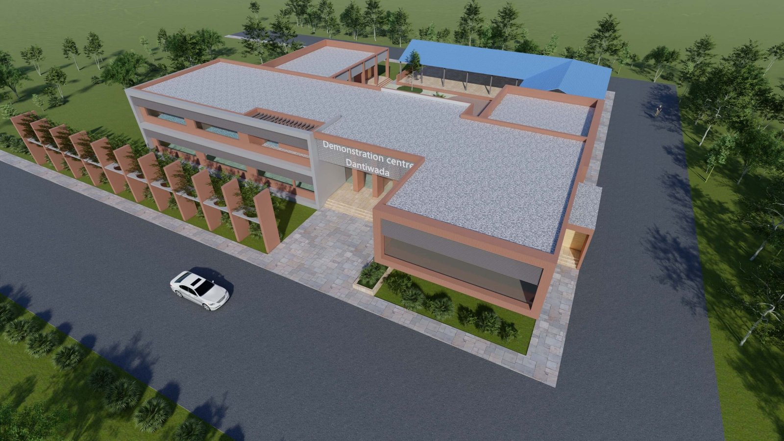 - Front elevation of the SDAU Demonstration Centre showcasing angular, cubist-inspired façades with fractured geometry - Interior exhibition hall with flexible partitions, slanted ceilings, and dynamic daylight patterns - Aerial view of geometric landscaping, green roofs, and integrated rainwater harvesting basins - Interactive learning zone featuring digital kiosks, modular seating, and agricultural displays - Nighttime exterior illuminated to emphasize the play of light and shadow on the cubist forms
