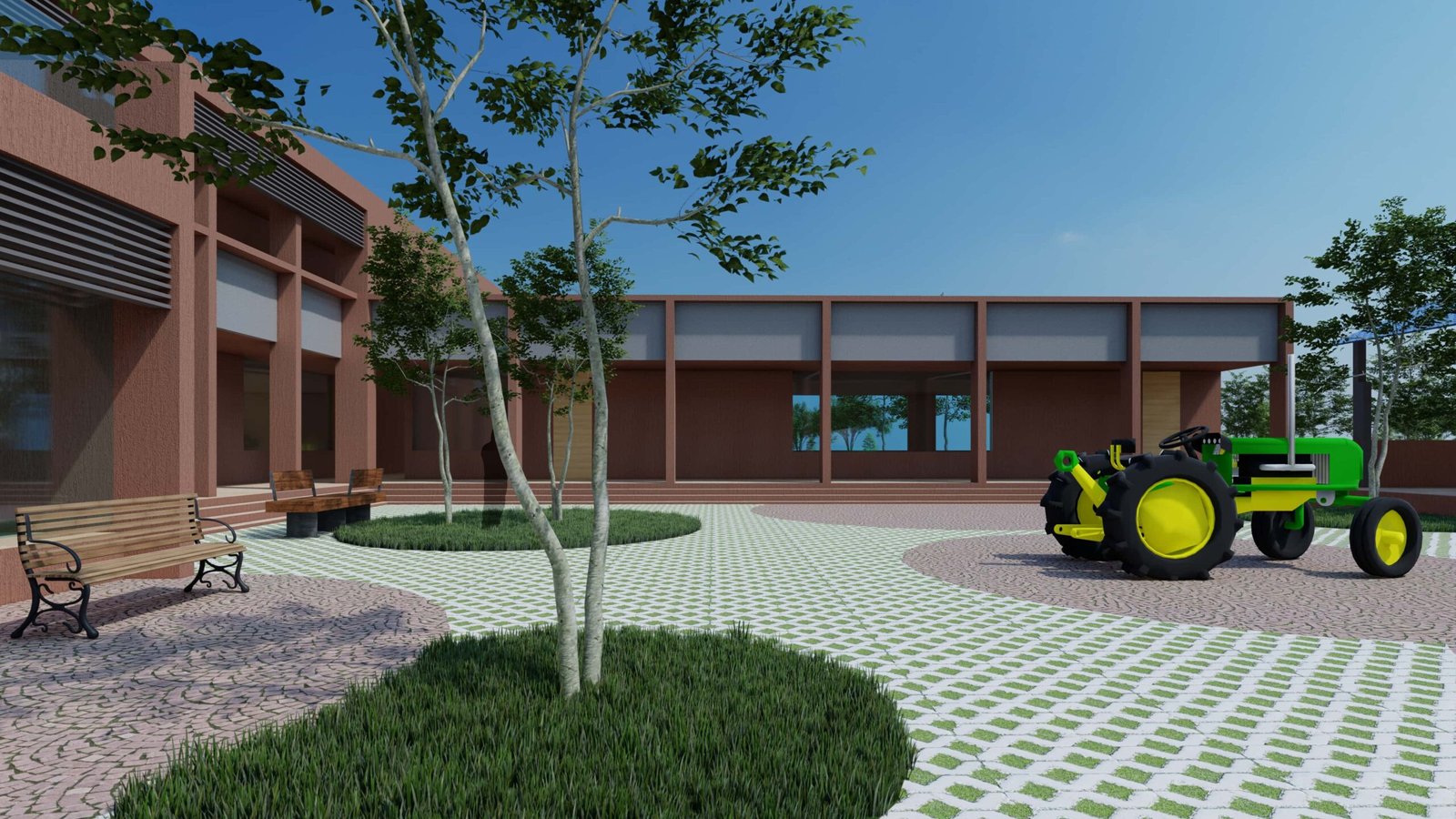 - Front elevation of the SDAU Demonstration Centre showcasing angular, cubist-inspired façades with fractured geometry - Interior exhibition hall with flexible partitions, slanted ceilings, and dynamic daylight patterns - Aerial view of geometric landscaping, green roofs, and integrated rainwater harvesting basins - Interactive learning zone featuring digital kiosks, modular seating, and agricultural displays - Nighttime exterior illuminated to emphasize the play of light and shadow on the cubist forms
