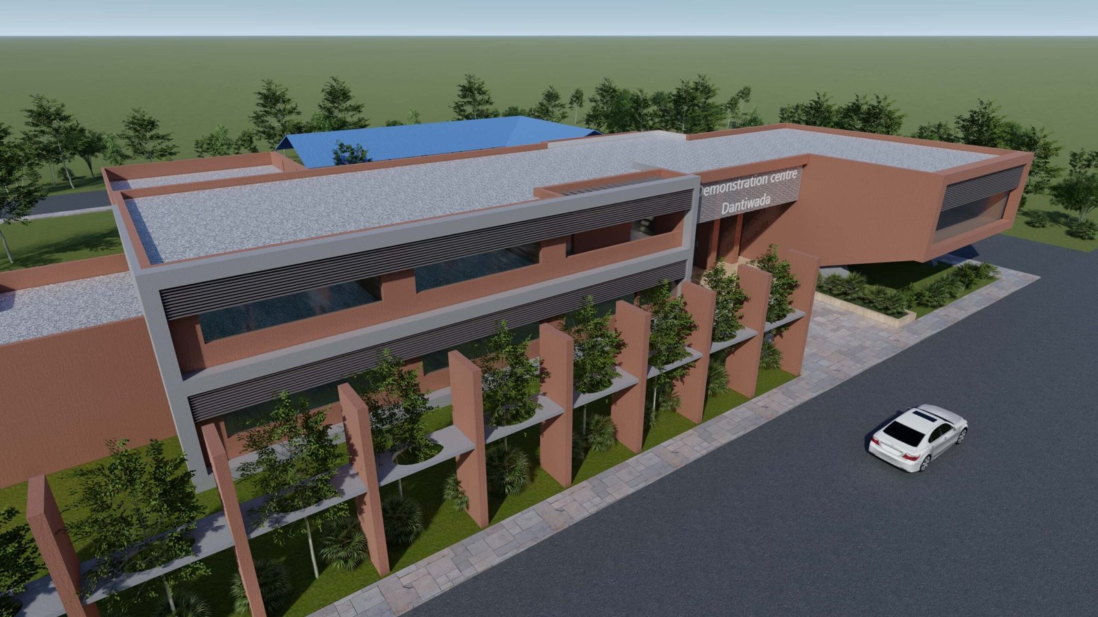 - Front elevation of the SDAU Demonstration Centre showcasing angular, cubist-inspired façades with fractured geometry - Interior exhibition hall with flexible partitions, slanted ceilings, and dynamic daylight patterns - Aerial view of geometric landscaping, green roofs, and integrated rainwater harvesting basins - Interactive learning zone featuring digital kiosks, modular seating, and agricultural displays - Nighttime exterior illuminated to emphasize the play of light and shadow on the cubist forms