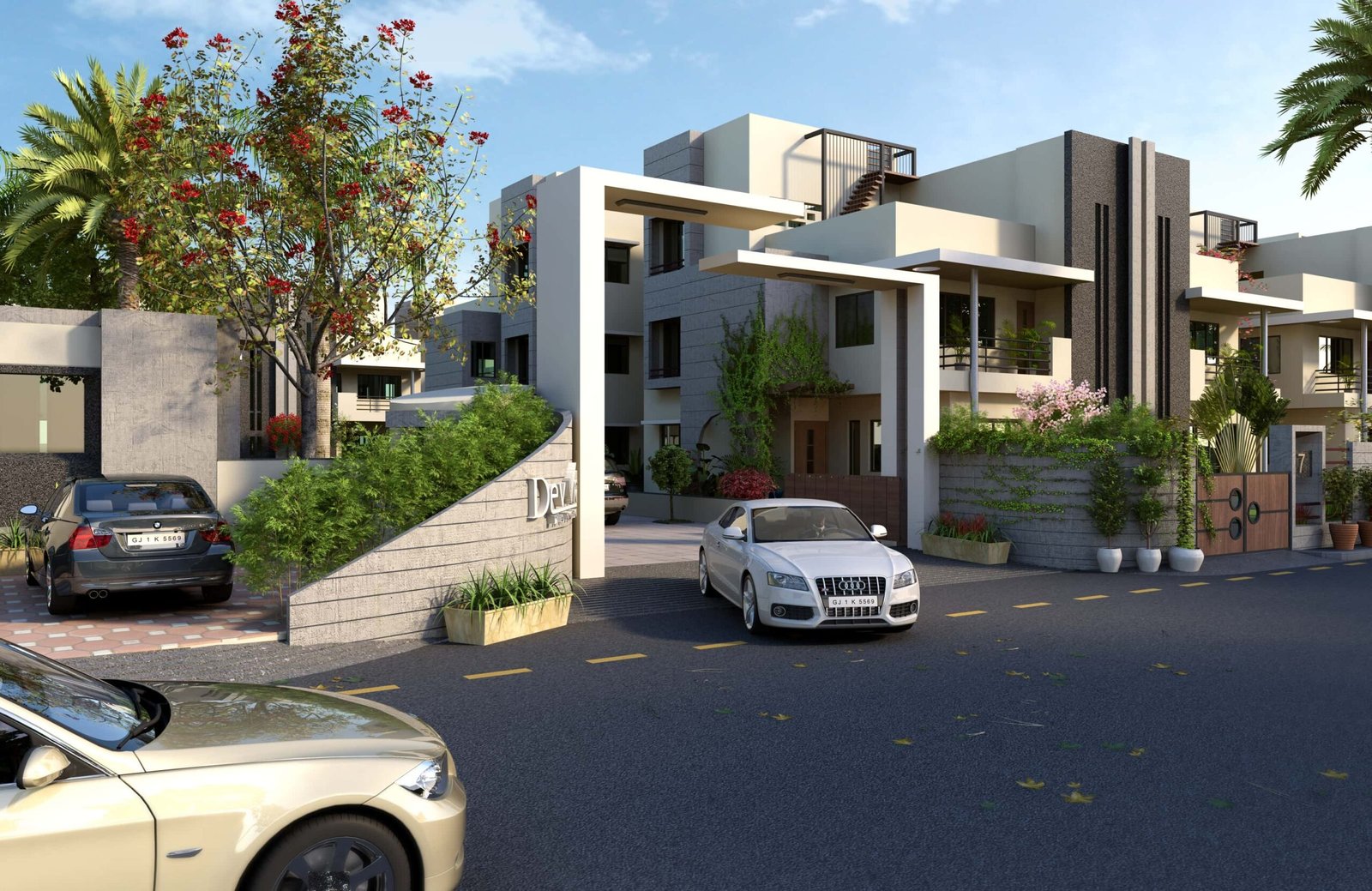 - The contemporary façade of DevVrat Bungalows makes a bold statement with its clean geometric lines and serene landscaping. - Sunlit, open-concept interior at DevVrat Bungalows emphasizes spaciousness and seamless flow. - DevVrat Bungalows’ marriage of modern architecture and lush landscape design creates a tranquil residential retreat. - Premium materials and minimalist décor elevate the interiors of DevVrat Bungalows to a new standard of luxury. - Indoor-outdoor continuity at DevVrat Bungalows transforms everyday living into a harmonious experience.