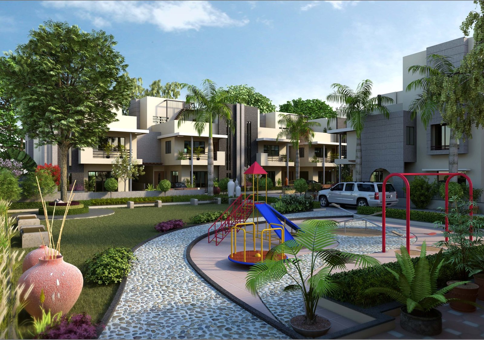 - The contemporary façade of DevVrat Bungalows makes a bold statement with its clean geometric lines and serene landscaping. - Sunlit, open-concept interior at DevVrat Bungalows emphasizes spaciousness and seamless flow. - DevVrat Bungalows’ marriage of modern architecture and lush landscape design creates a tranquil residential retreat. - Premium materials and minimalist décor elevate the interiors of DevVrat Bungalows to a new standard of luxury. - Indoor-outdoor continuity at DevVrat Bungalows transforms everyday living into a harmonious experience.