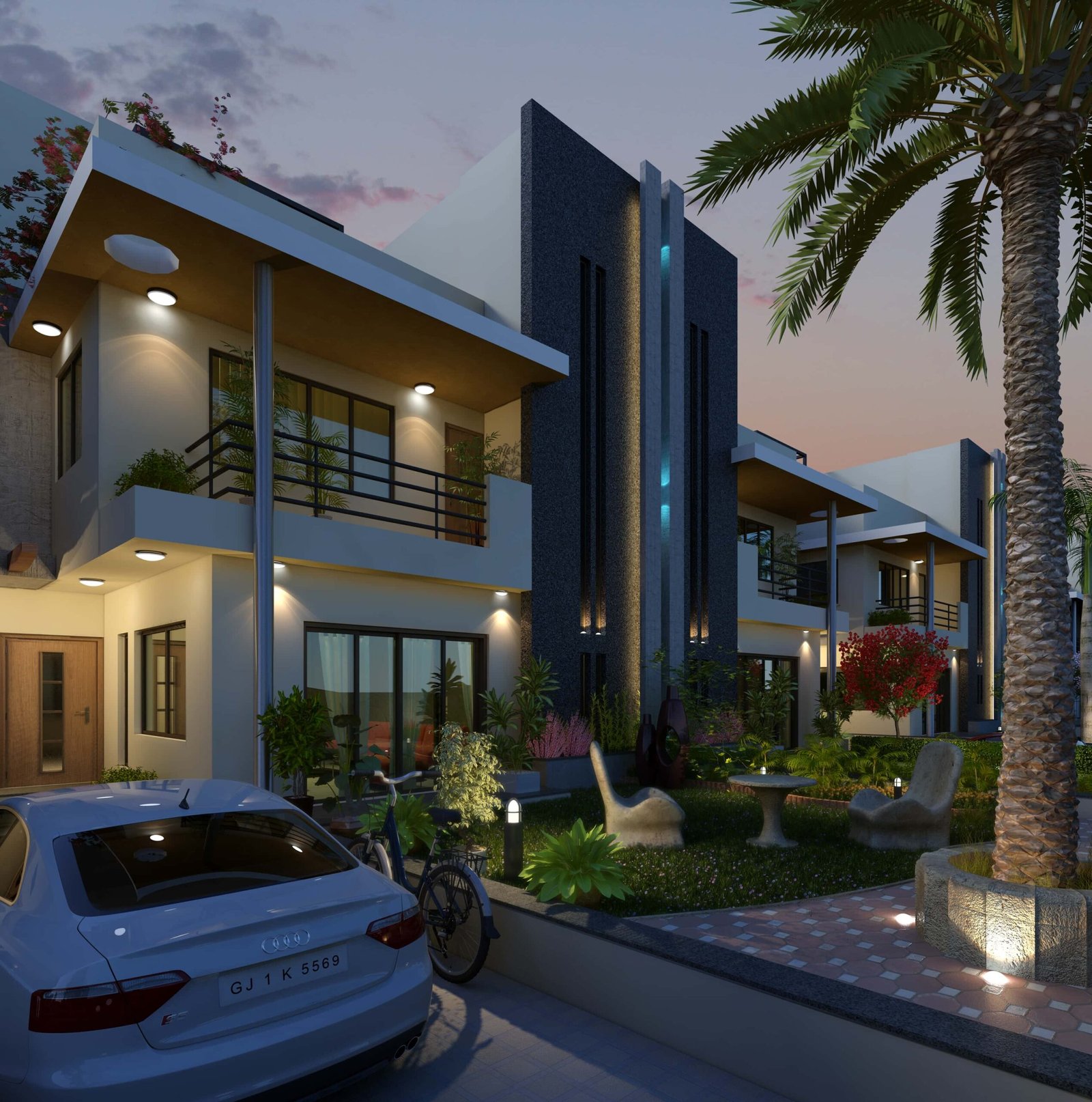 - The contemporary façade of DevVrat Bungalows makes a bold statement with its clean geometric lines and serene landscaping. - Sunlit, open-concept interior at DevVrat Bungalows emphasizes spaciousness and seamless flow. - DevVrat Bungalows’ marriage of modern architecture and lush landscape design creates a tranquil residential retreat. - Premium materials and minimalist décor elevate the interiors of DevVrat Bungalows to a new standard of luxury. - Indoor-outdoor continuity at DevVrat Bungalows transforms everyday living into a harmonious experience.