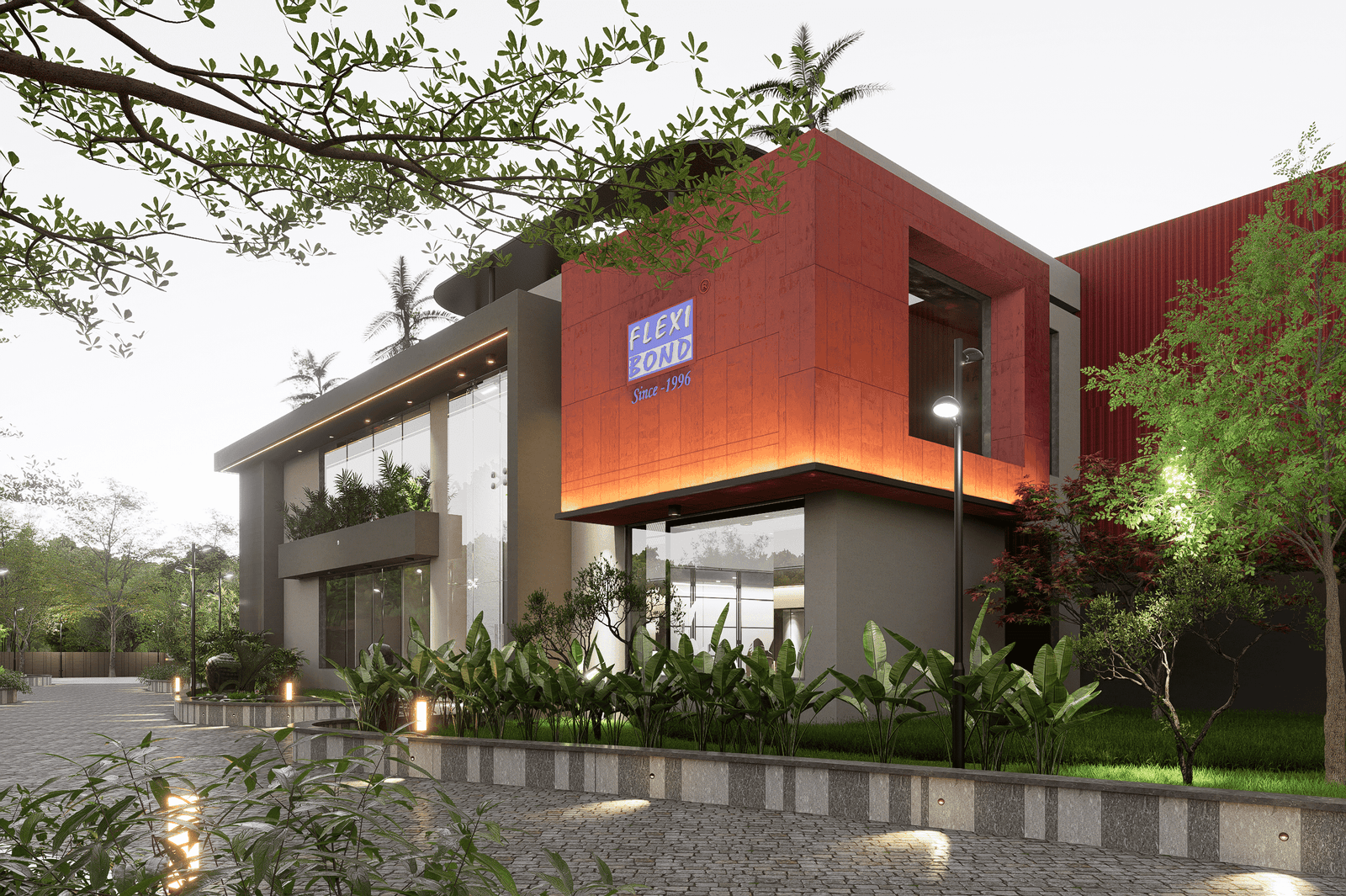 - “Bold red industrial facade with glass entrance and landscaped forecourt at Flexibond Industries.” - “Lateral perspective of manufacturing wing showcasing rooftop greenery and LED accent lighting.” - “Overhead shot of rooftop garden, solar panels, and parking configuration.” - “Bird’s-eye view of Flexibond’s 100,000 sq ft facility with red-roofed warehouse and green buffers.”