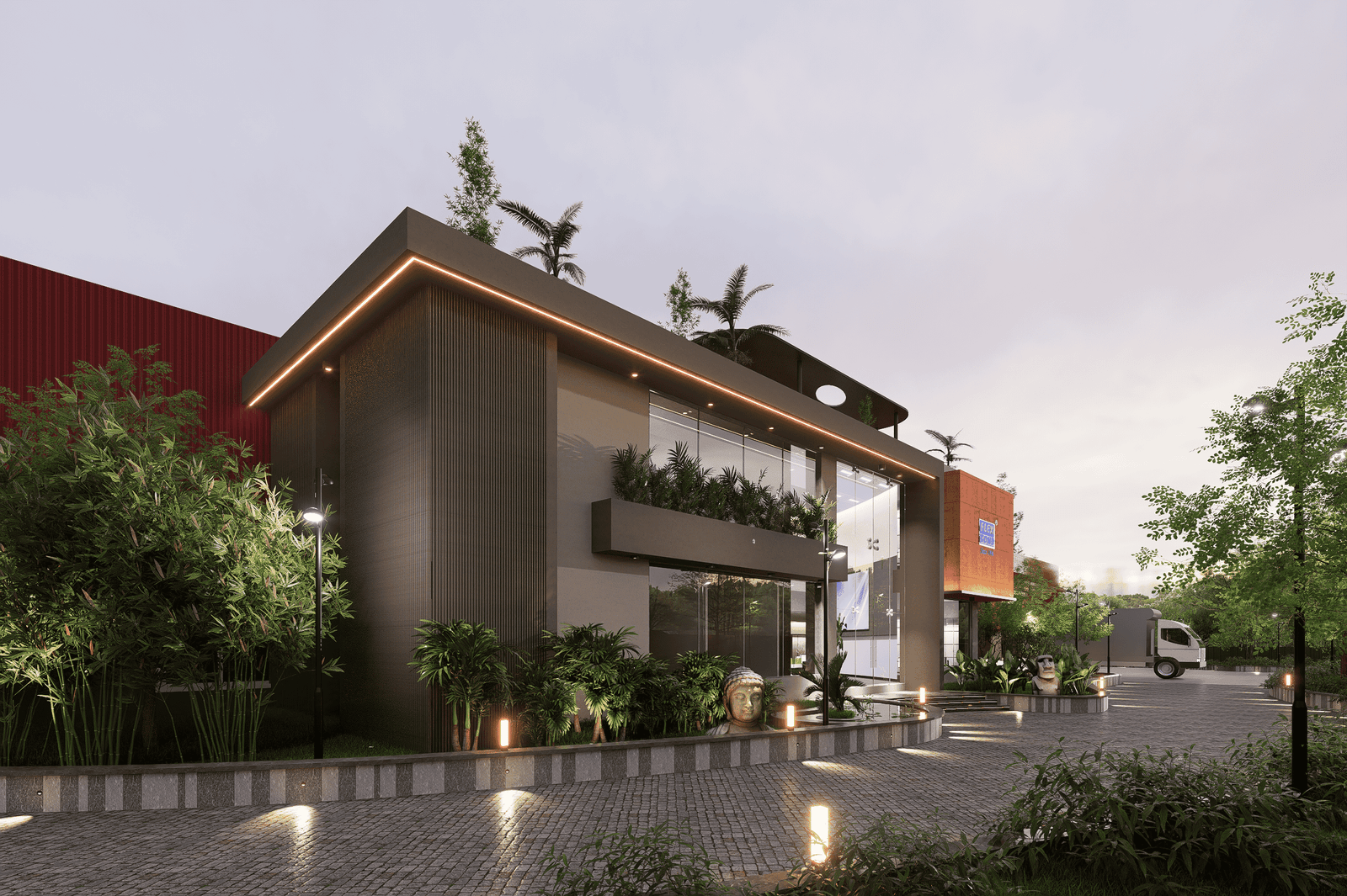 - “Bold red industrial facade with glass entrance and landscaped forecourt at Flexibond Industries.” - “Lateral perspective of manufacturing wing showcasing rooftop greenery and LED accent lighting.” - “Overhead shot of rooftop garden, solar panels, and parking configuration.” - “Bird’s-eye view of Flexibond’s 100,000 sq ft facility with red-roofed warehouse and green buffers.”