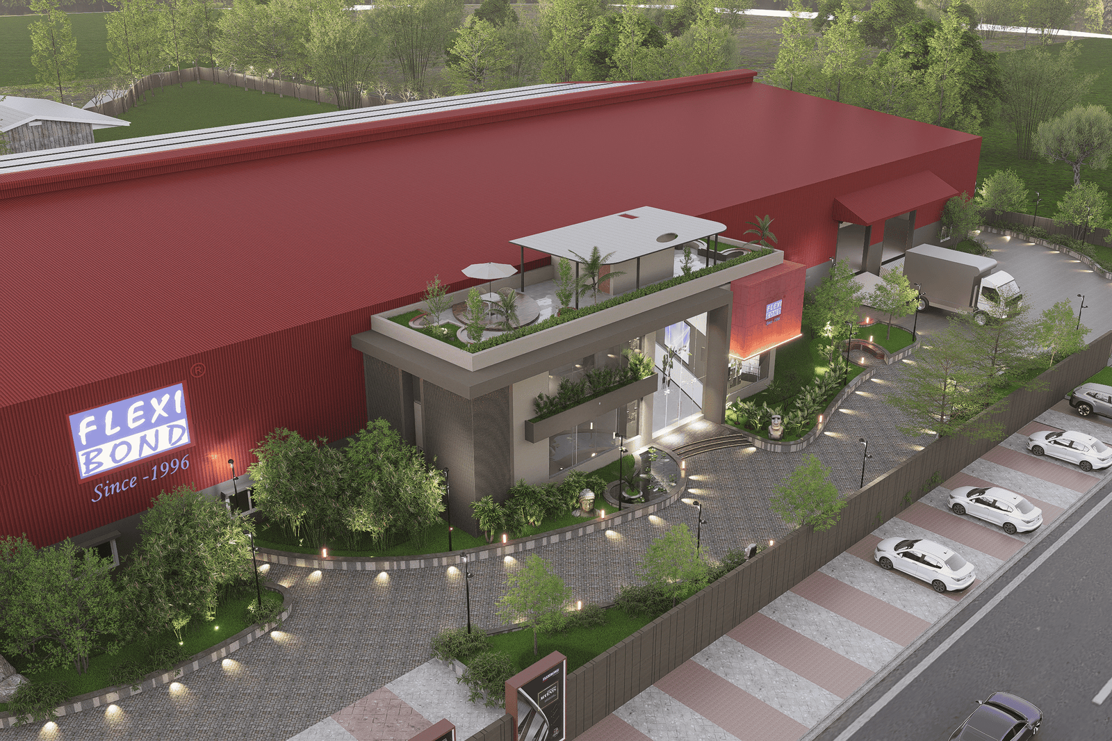 - “Bold red industrial facade with glass entrance and landscaped forecourt at Flexibond Industries.” - “Lateral perspective of manufacturing wing showcasing rooftop greenery and LED accent lighting.” - “Overhead shot of rooftop garden, solar panels, and parking configuration.” - “Bird’s-eye view of Flexibond’s 100,000 sq ft facility with red-roofed warehouse and green buffers.”