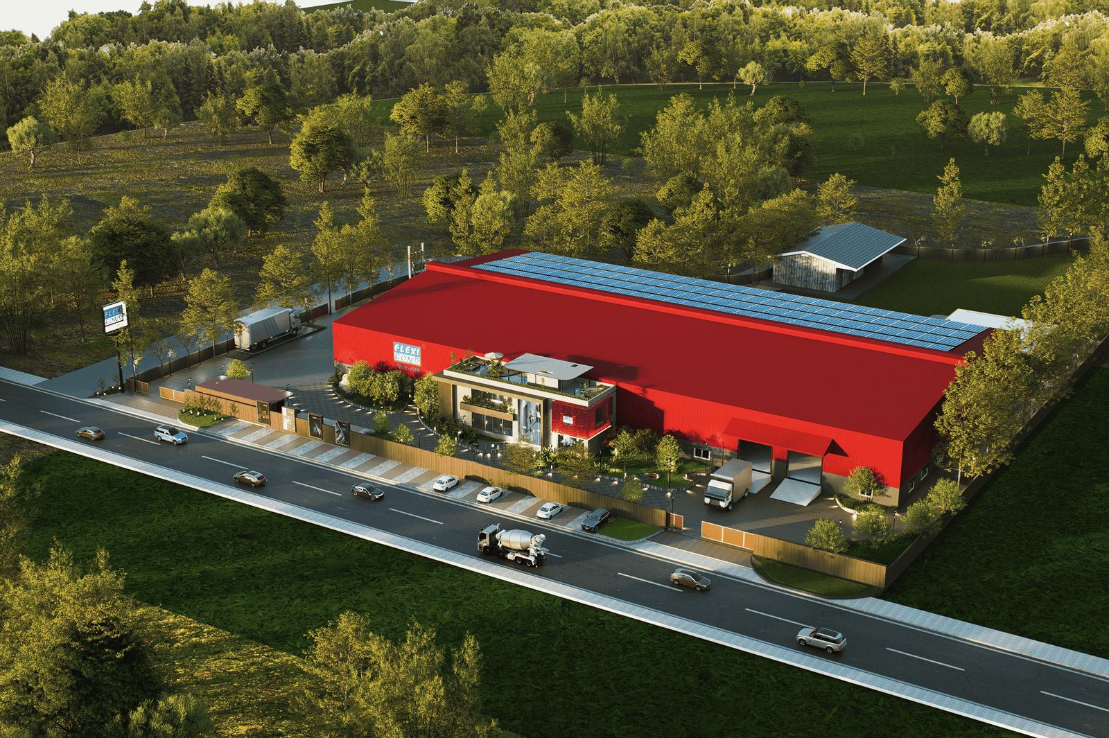 - “Bold red industrial facade with glass entrance and landscaped forecourt at Flexibond Industries.” - “Lateral perspective of manufacturing wing showcasing rooftop greenery and LED accent lighting.” - “Overhead shot of rooftop garden, solar panels, and parking configuration.” - “Bird’s-eye view of Flexibond’s 100,000 sq ft facility with red-roofed warehouse and green buffers.”