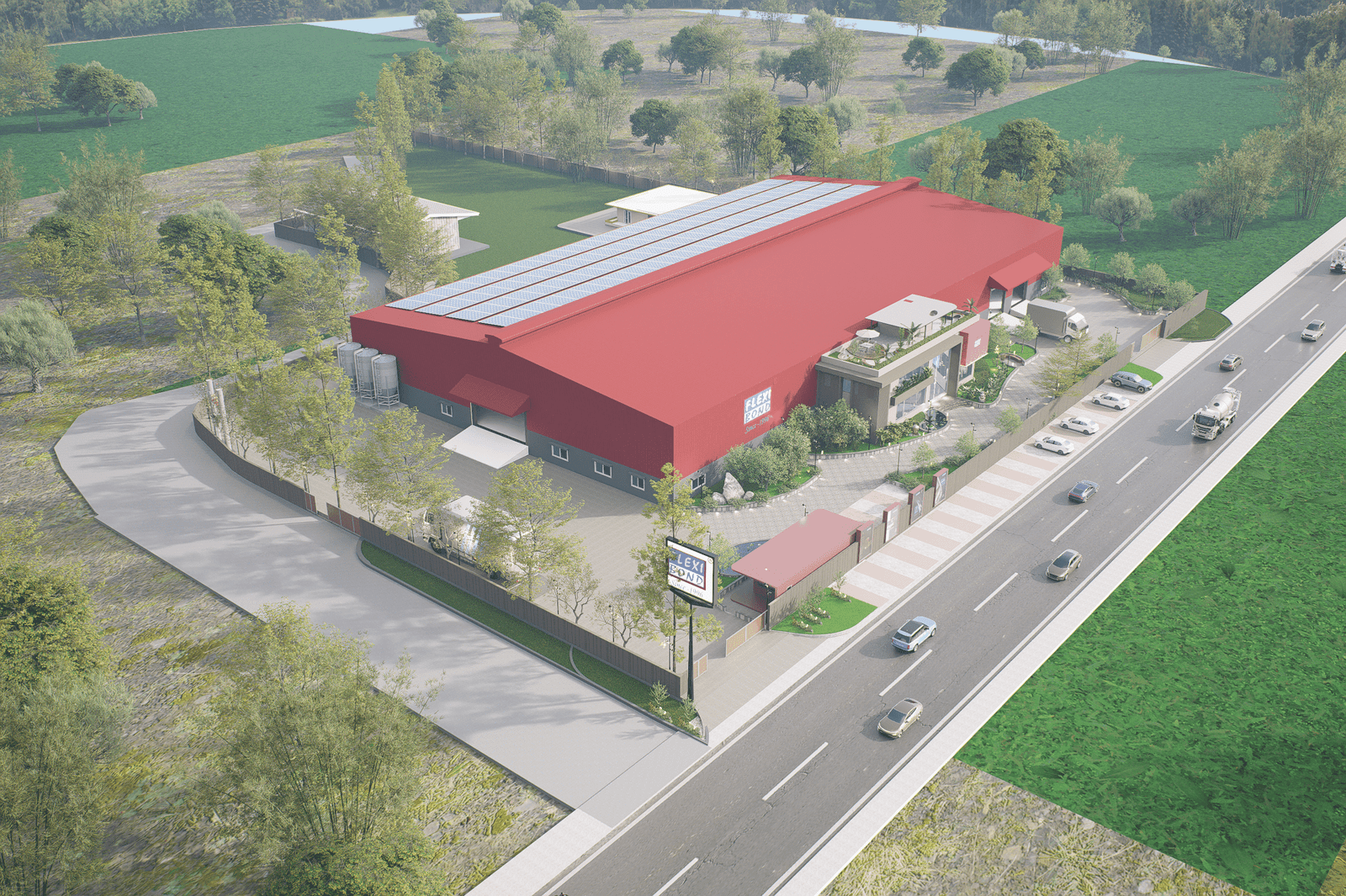 - “Bold red industrial facade with glass entrance and landscaped forecourt at Flexibond Industries.” - “Lateral perspective of manufacturing wing showcasing rooftop greenery and LED accent lighting.” - “Overhead shot of rooftop garden, solar panels, and parking configuration.” - “Bird’s-eye view of Flexibond’s 100,000 sq ft facility with red-roofed warehouse and green buffers.”