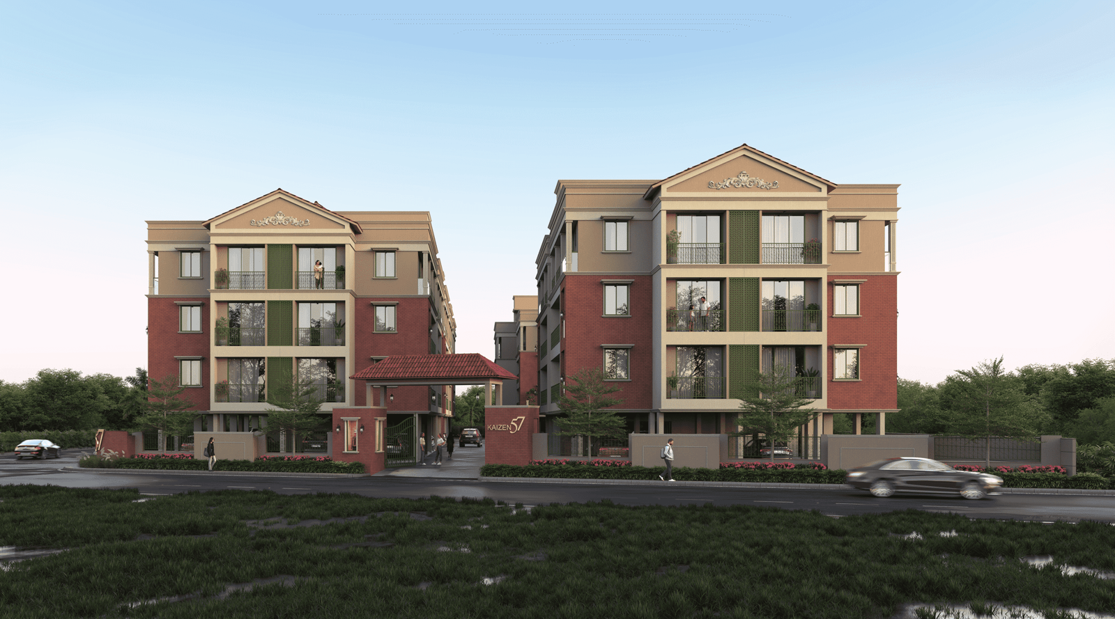- Front elevation of Kaizen 57 showcasing exposed brick façade, sloped terracotta roofs, and ornate balcony railings - Aerial view of Kaizen 57 residential blocks surrounded by landscaped greens and community spaces - Grand entrance gateway of Kaizen 57 with brick pillars and integrated signage - Children’s play area and shaded seating zone within Kaizen 57’s landscaped courtyard - Balcony detail at Kaizen 57 featuring decorative metal railings and arched windows