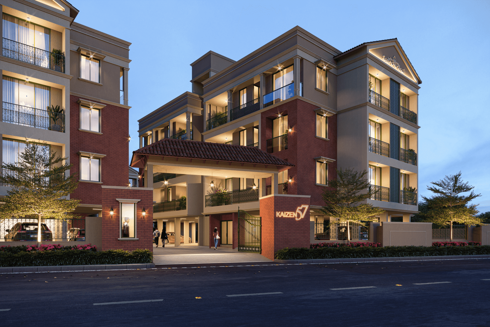 - Front elevation of Kaizen 57 showcasing exposed brick façade, sloped terracotta roofs, and ornate balcony railings - Aerial view of Kaizen 57 residential blocks surrounded by landscaped greens and community spaces - Grand entrance gateway of Kaizen 57 with brick pillars and integrated signage - Children’s play area and shaded seating zone within Kaizen 57’s landscaped courtyard - Balcony detail at Kaizen 57 featuring decorative metal railings and arched windows
