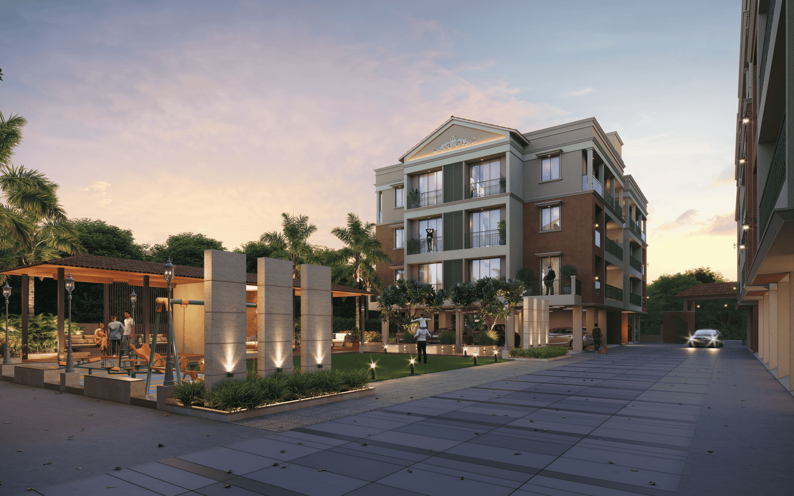 - Front elevation of Kaizen 57 showcasing exposed brick façade, sloped terracotta roofs, and ornate balcony railings - Aerial view of Kaizen 57 residential blocks surrounded by landscaped greens and community spaces - Grand entrance gateway of Kaizen 57 with brick pillars and integrated signage - Children’s play area and shaded seating zone within Kaizen 57’s landscaped courtyard - Balcony detail at Kaizen 57 featuring decorative metal railings and arched windows