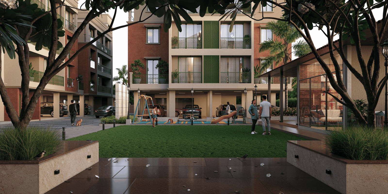 - Front elevation of Kaizen 57 showcasing exposed brick façade, sloped terracotta roofs, and ornate balcony railings - Aerial view of Kaizen 57 residential blocks surrounded by landscaped greens and community spaces - Grand entrance gateway of Kaizen 57 with brick pillars and integrated signage - Children’s play area and shaded seating zone within Kaizen 57’s landscaped courtyard - Balcony detail at Kaizen 57 featuring decorative metal railings and arched windows