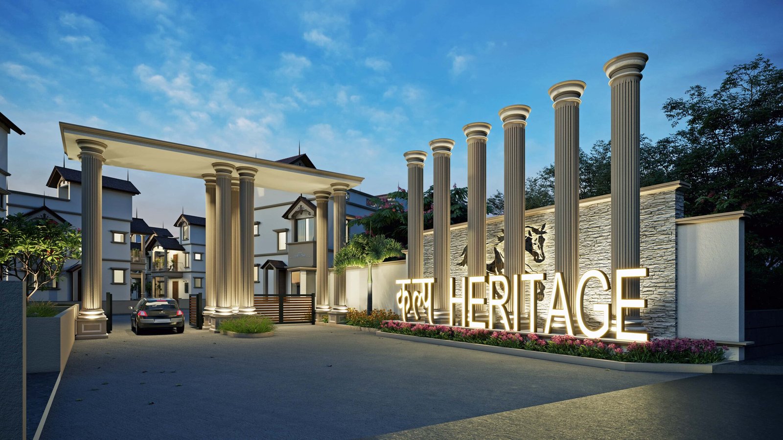 - Kalp Heritage – Colonial Style 3 BHK Bungalows in Mehsana - Kalp Heritage by Shree Hari Buildcon Mehsana Residential Project - Traditional Indian Bungalows with Landscape Design Kalp Heritage - 3 BHK Heritage Bungalows in Mehsana Kalp Groups - Kalp Heritage – Colonial Style Bungalows in Mehsana - 3 BHK Residential Scheme by Shree Hari Buildcon - Kalp Heritage – Traditional Architecture Meets Modern Living - Kalp Heritage entrance with Doric column and colonial façade - Gabled roof bungalow design in Mehsana’s Kalp Heritage - Landscaped open spaces in Kalp Heritage residential scheme - Symmetrical windows and neutral tones in Kalp Heritage bungalows - Community-friendly layout with green areas at Kalp Heritage