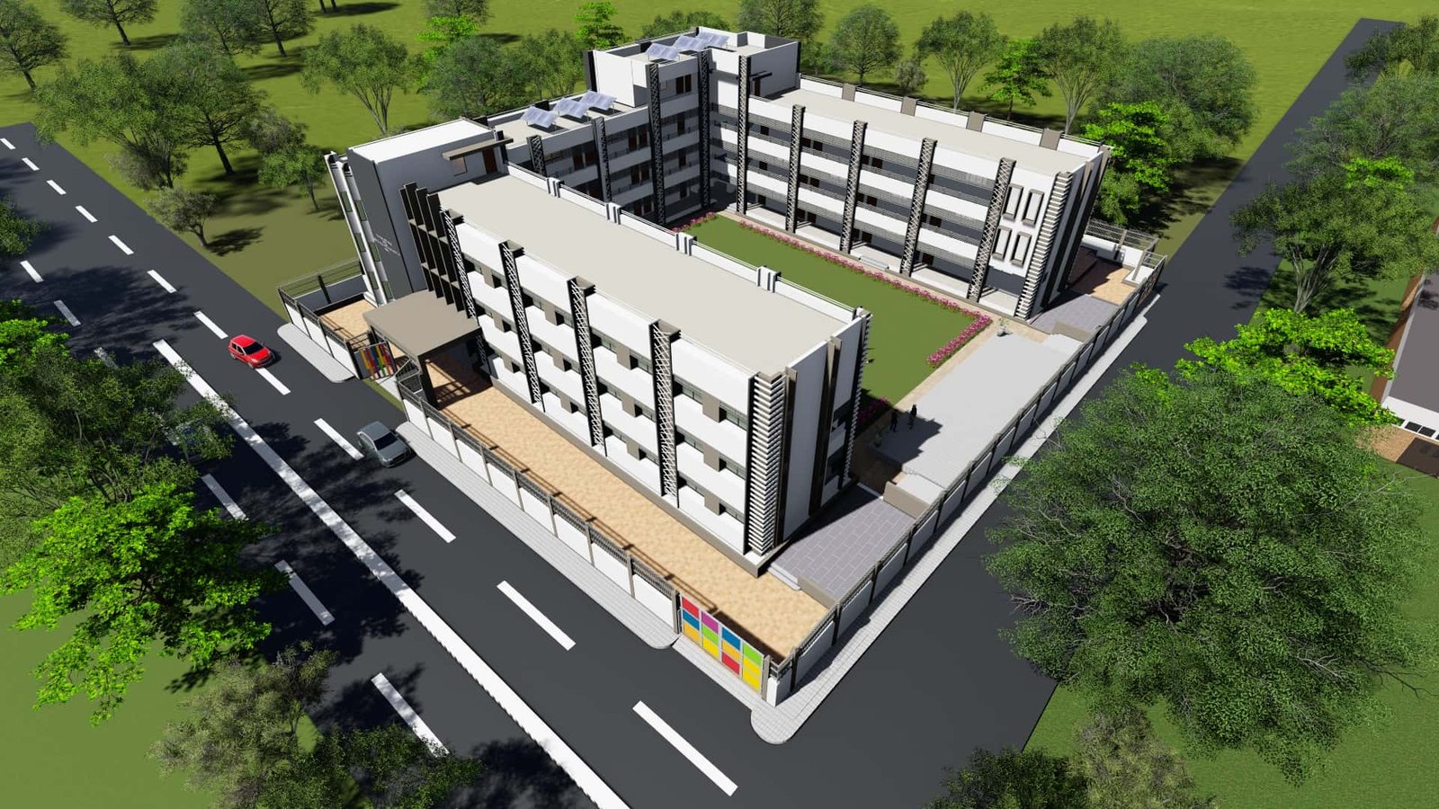 - Exterior of Mehsana Taluka Primary Kumar School showcasing modern sustainable school architecture and dynamic facade in Mehsana, Gujarat - Aerial view of the school campus highlighting green landscape, rainwater harvesting tanks, and shaded walkways - Interior of a flexible classroom with modular furniture, interactive tech stations, and natural light - Collaborative learning zone at Mehsana Taluka Primary Kumar School designed for student creativity and group projects - Solar panels atop the school roof and landscaped courtyard illustrating eco-friendly school design