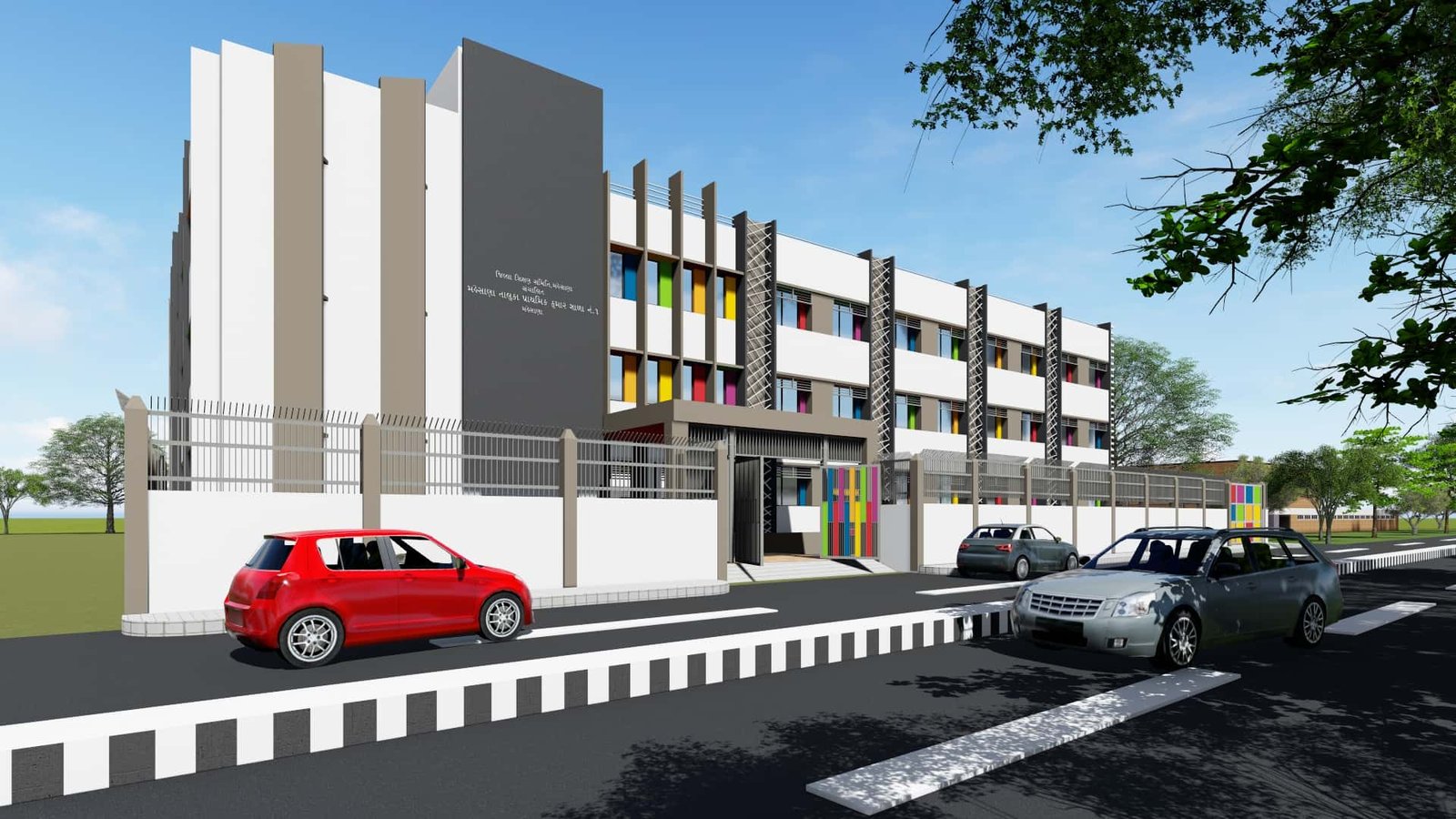 - Exterior of Mehsana Taluka Primary Kumar School showcasing modern sustainable school architecture and dynamic facade in Mehsana, Gujarat - Aerial view of the school campus highlighting green landscape, rainwater harvesting tanks, and shaded walkways - Interior of a flexible classroom with modular furniture, interactive tech stations, and natural light - Collaborative learning zone at Mehsana Taluka Primary Kumar School designed for student creativity and group projects - Solar panels atop the school roof and landscaped courtyard illustrating eco-friendly school design