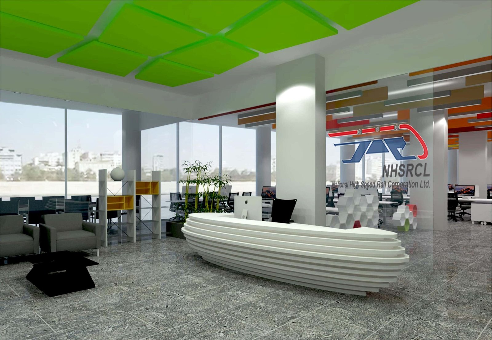 - Futuristic office lobby with a digital rail motif, dynamic LED lighting, and sleek reception desk - Open-plan workspace showcasing streamlined desks, integrated touchscreens, and vibrant accent walls - High-tech meeting room with large video conferencing wall, ambient lighting, and modular seating - Collaborative lounge area featuring curved benches, writable surfaces, and rail-inspired décor - Sustainable corner with indoor plants, energy-efficient fixtures, and interactive digital displays