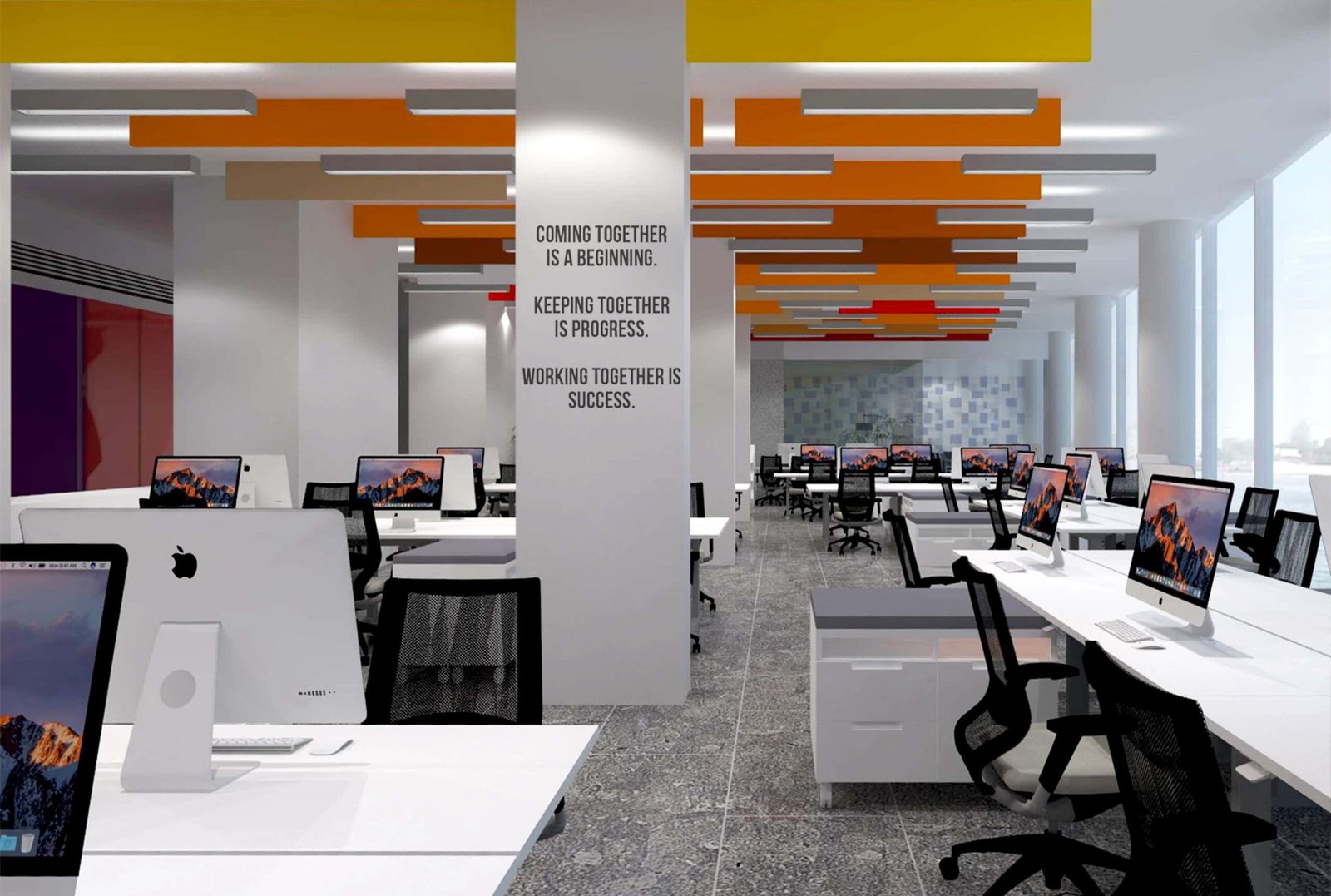 - Futuristic office lobby with a digital rail motif, dynamic LED lighting, and sleek reception desk - Open-plan workspace showcasing streamlined desks, integrated touchscreens, and vibrant accent walls - High-tech meeting room with large video conferencing wall, ambient lighting, and modular seating - Collaborative lounge area featuring curved benches, writable surfaces, and rail-inspired décor - Sustainable corner with indoor plants, energy-efficient fixtures, and interactive digital displays