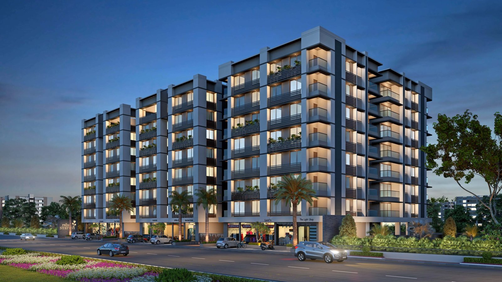 - Exterior view of Prime Status mixed-use towers with illuminated façades along S.G. Highway - Aerial perspective showing residential blocks above street-level commercial units at Prime Status - Balcony view from a 3.5 BHK apartment overlooking Ahmedabad’s cityscape - Ground-level shot of vibrant storefronts and pedestrian plaza at Prime Status - Sleek lobby interior of Prime Status featuring contemporary furnishings and landscaped accents