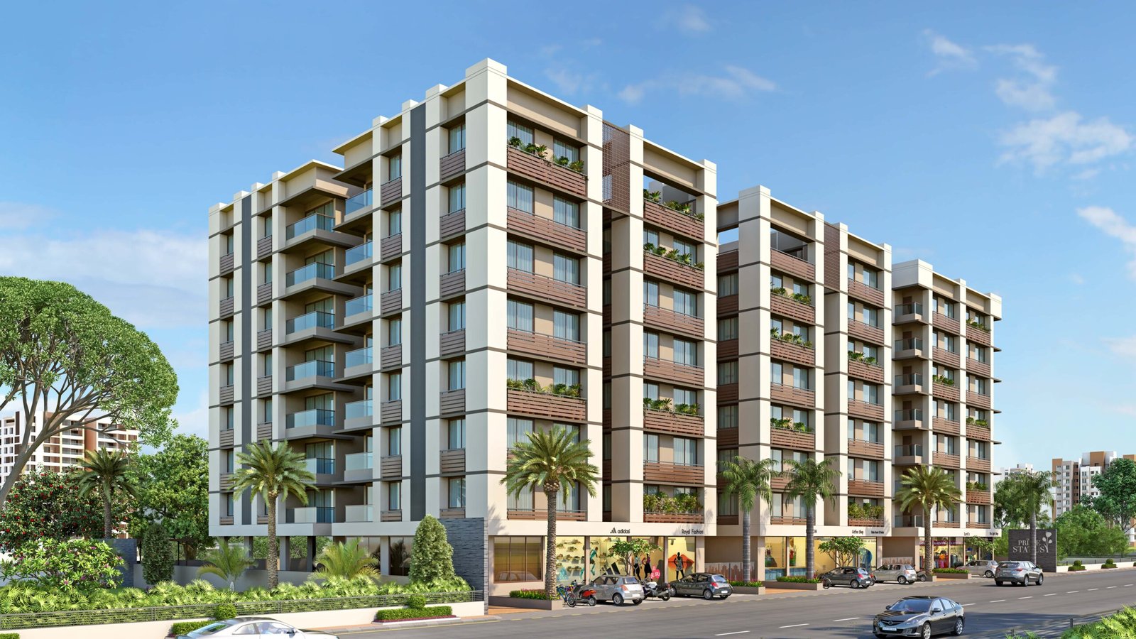 - Exterior view of Prime Status mixed-use towers with illuminated façades along S.G. Highway - Aerial perspective showing residential blocks above street-level commercial units at Prime Status - Balcony view from a 3.5 BHK apartment overlooking Ahmedabad’s cityscape - Ground-level shot of vibrant storefronts and pedestrian plaza at Prime Status - Sleek lobby interior of Prime Status featuring contemporary furnishings and landscaped accents