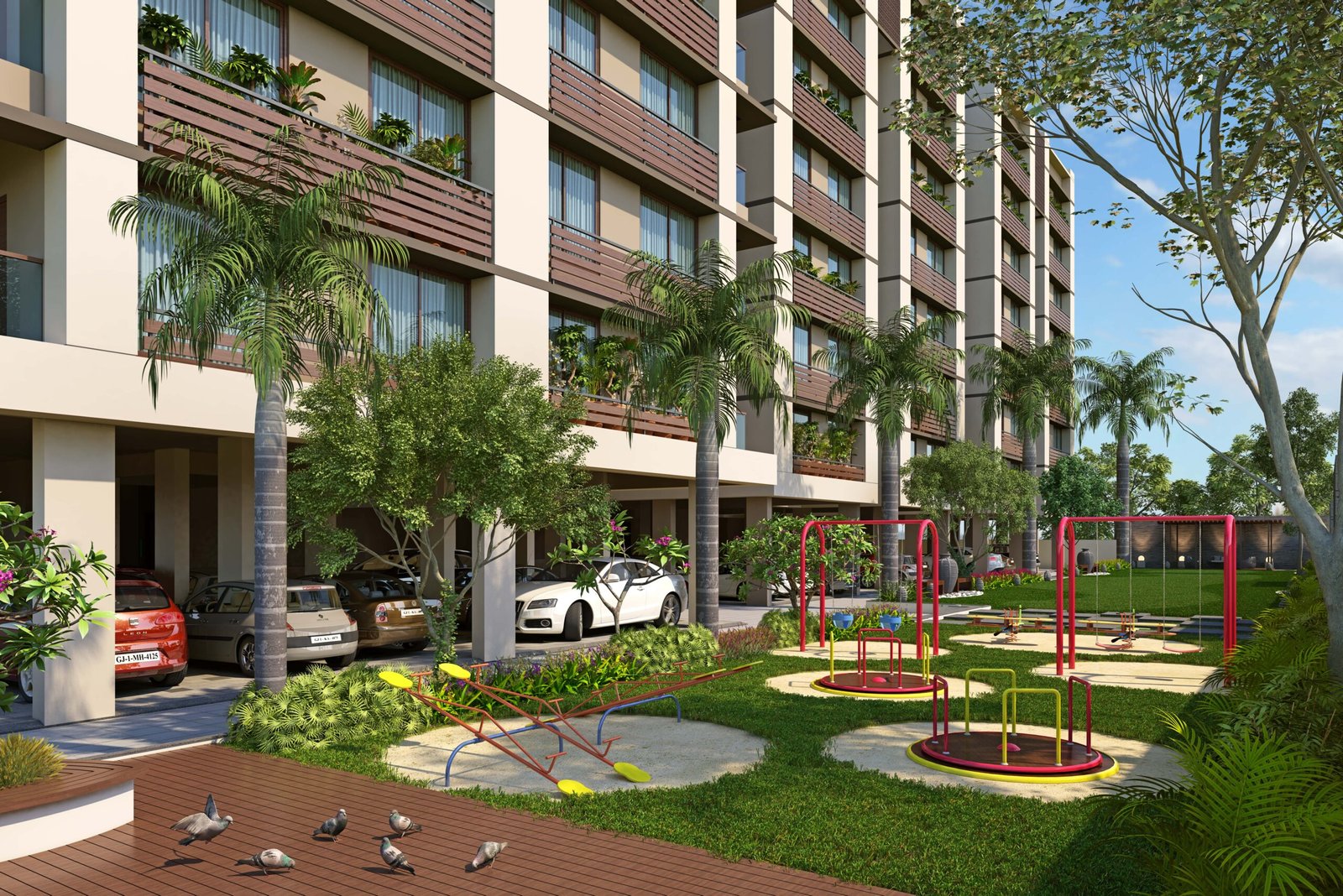 - Exterior view of Prime Status mixed-use towers with illuminated façades along S.G. Highway - Aerial perspective showing residential blocks above street-level commercial units at Prime Status - Balcony view from a 3.5 BHK apartment overlooking Ahmedabad’s cityscape - Ground-level shot of vibrant storefronts and pedestrian plaza at Prime Status - Sleek lobby interior of Prime Status featuring contemporary furnishings and landscaped accents