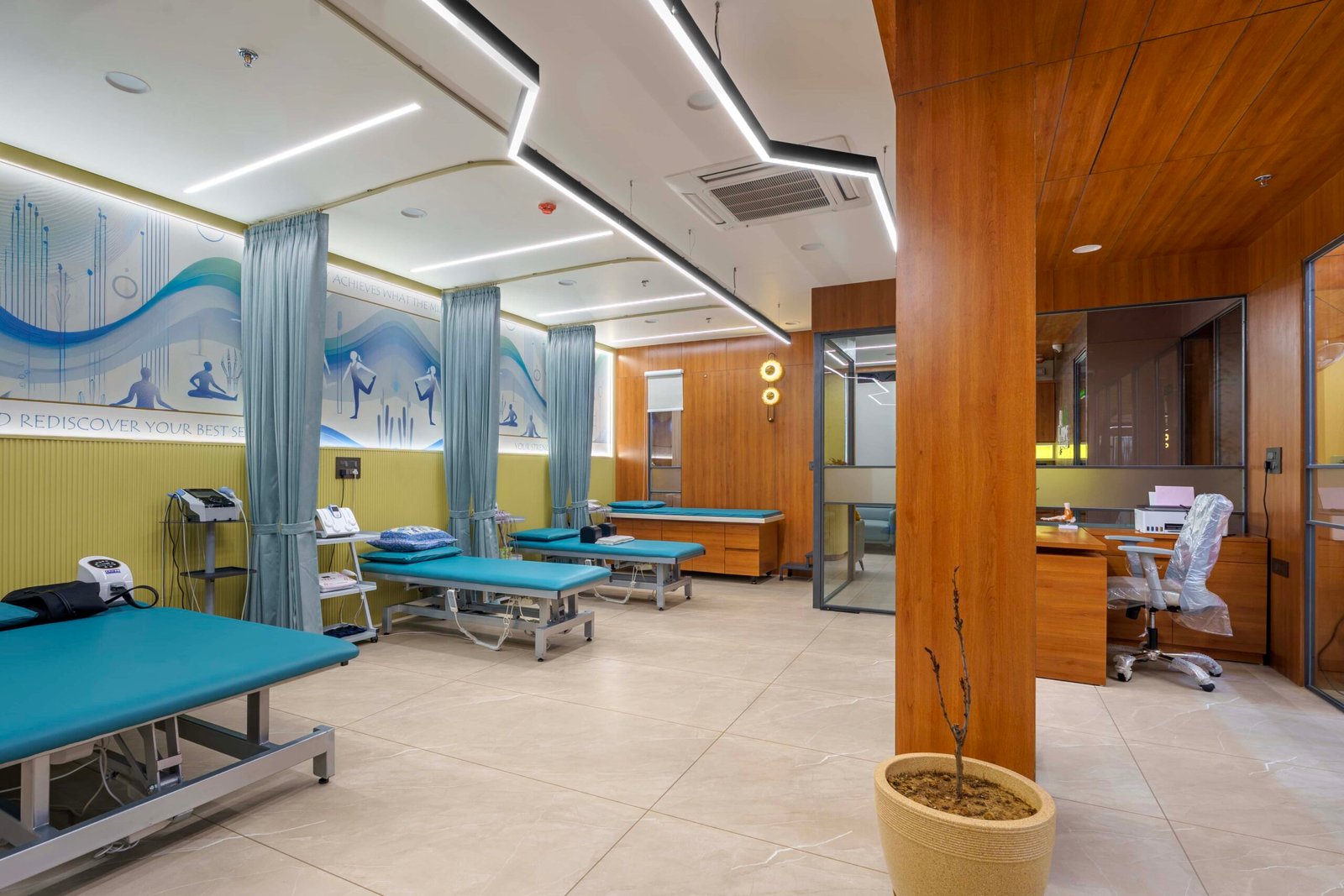 Hospital interior designers in Ahmedabad, physiotherapy clinic design Gujarat, healthcare architects Ahmedabad
