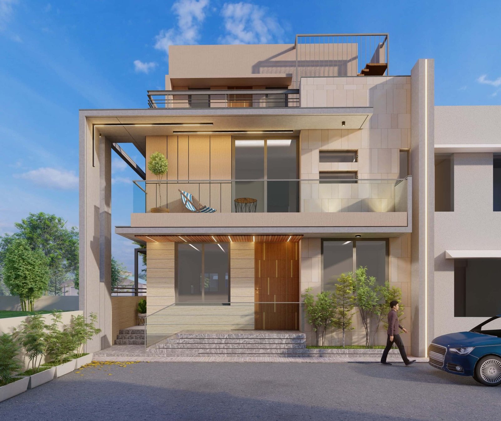 - Exterior view of the Modern R-Bungalow showcasing a sleek minimalist facade and expansive windows - Open-plan living room in the R-Bungalow flooded with natural light and contemporary furnishings - Clean-lined bungalow exterior with large glazed openings and refined architectural details - Luxurious master bedroom interior featuring high-end finishes, neutral palette, and serene ambiance - Outdoor patio of the Modern R-Bungalow illustrating seamless indoor-outdoor connectivity