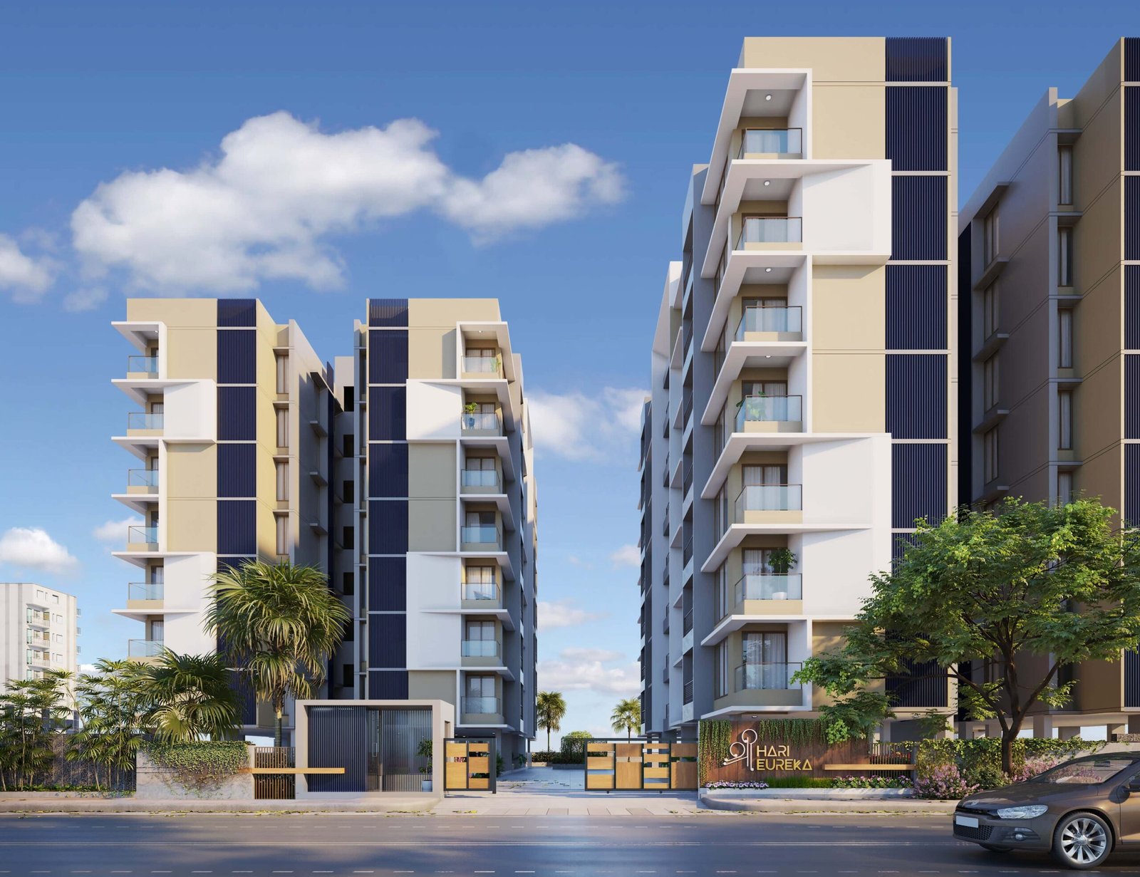 - Shree Hari Eureka twin 3 BHK high-rise towers overlooking GUDA Garden in Gandhinagar - Scenic balcony view from a Shree Hari Eureka 3 BHK apartment with landscaped surroundings - Exterior of Shree Hari Eureka residential high-rise by Akshar Developers in Gandhinagar - Dining area balcony at Shree Hari Eureka capturing natural light and garden vistas - Nighttime façade of Shree Hari Eureka twin towers illuminated against the Gandhinagar skyline