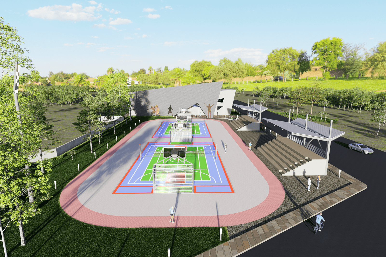 - Aerial view of the Sub-District Sports Complex showing multi-sport fields, running track, and landscaped green spaces - Interior of the indoor arena with spectator seating, modern court markings, and abundant natural daylight - Community plaza at the sports complex featuring accessible ramps, seating nooks, and garden pathways - Outdoor basketball and tennis courts flanked by eco-friendly materials and solar panel canopies - Scenic walking trail winding through the complex’s sustainable gardens and water-conservation features