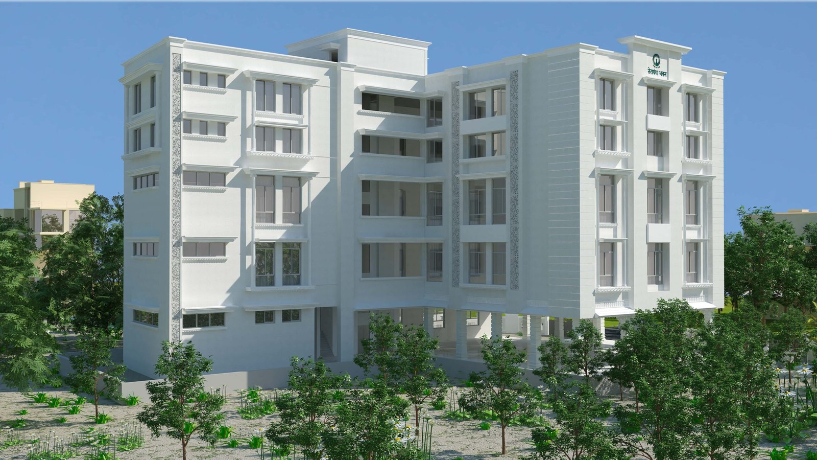 - Terapanth Bhavan exterior view showcasing white façade and five-storey religious architecture in Shahibaug, Ahmedabad - Sermon hall interior at Terapanth Bhavan designed for Guru-led spiritual gatherings - Community hall at Terapanth Bhavan open to Jain devotees and local visitors - Upper-floor residential rooms for saints and nuns at Terapanth Bhavan, Ahmedabad - White-themed religious building symbolizing purity in Jain architecture