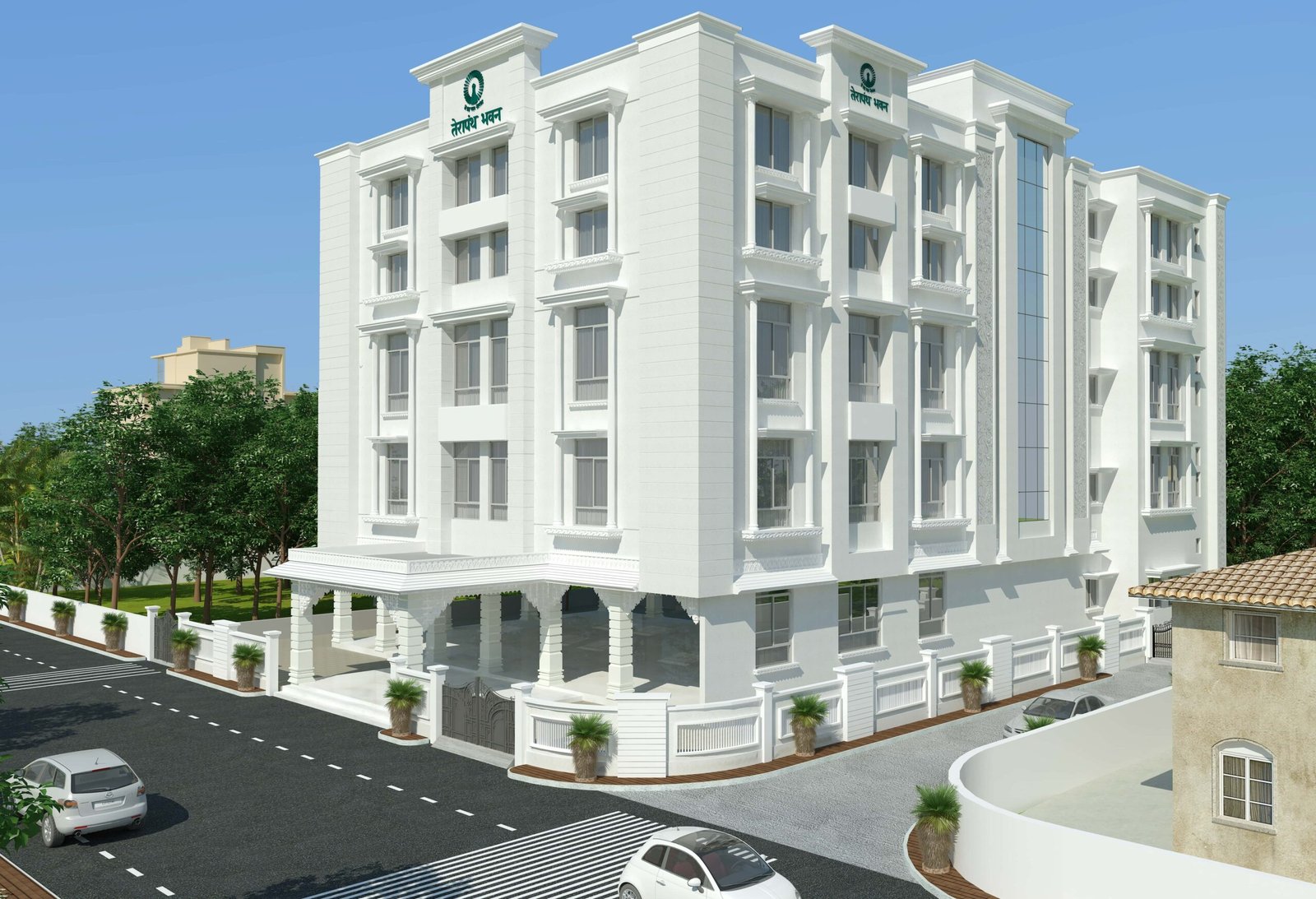 - Terapanth Bhavan exterior view showcasing white façade and five-storey religious architecture in Shahibaug, Ahmedabad - Sermon hall interior at Terapanth Bhavan designed for Guru-led spiritual gatherings - Community hall at Terapanth Bhavan open to Jain devotees and local visitors - Upper-floor residential rooms for saints and nuns at Terapanth Bhavan, Ahmedabad - White-themed religious building symbolizing purity in Jain architecture