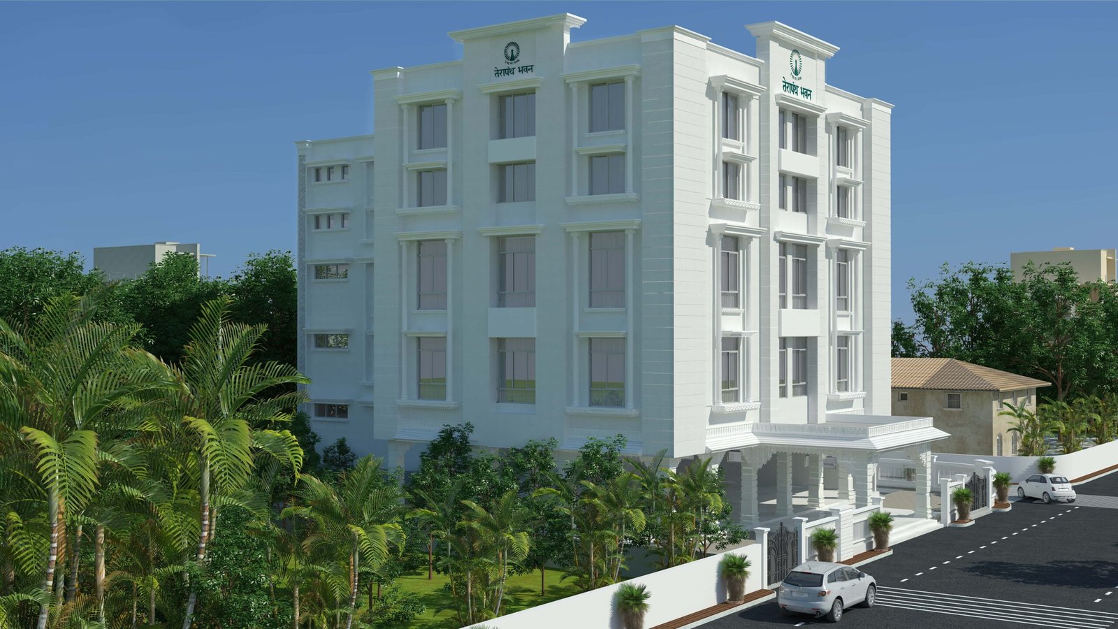 - Terapanth Bhavan exterior view showcasing white façade and five-storey religious architecture in Shahibaug, Ahmedabad - Sermon hall interior at Terapanth Bhavan designed for Guru-led spiritual gatherings - Community hall at Terapanth Bhavan open to Jain devotees and local visitors - Upper-floor residential rooms for saints and nuns at Terapanth Bhavan, Ahmedabad - White-themed religious building symbolizing purity in Jain architecture
