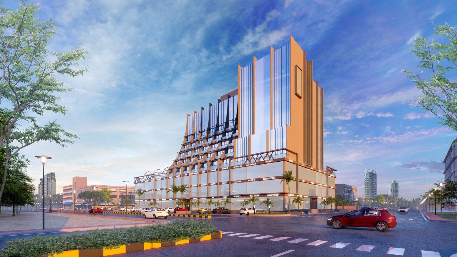 - Exterior view of contemporary high-rise retail and office building in Ahmedabad - Glass façade of iconic commercial office tower in Gujarat with solar panels - Interior lobby showcasing flexible workspace in a modern mixed-use tower - Green roof and rainwater harvesting setup atop Ahmedabad’s commercial skyscraper - Expansive fenestration flooding natural light into Gujarat’s iconic office complete
