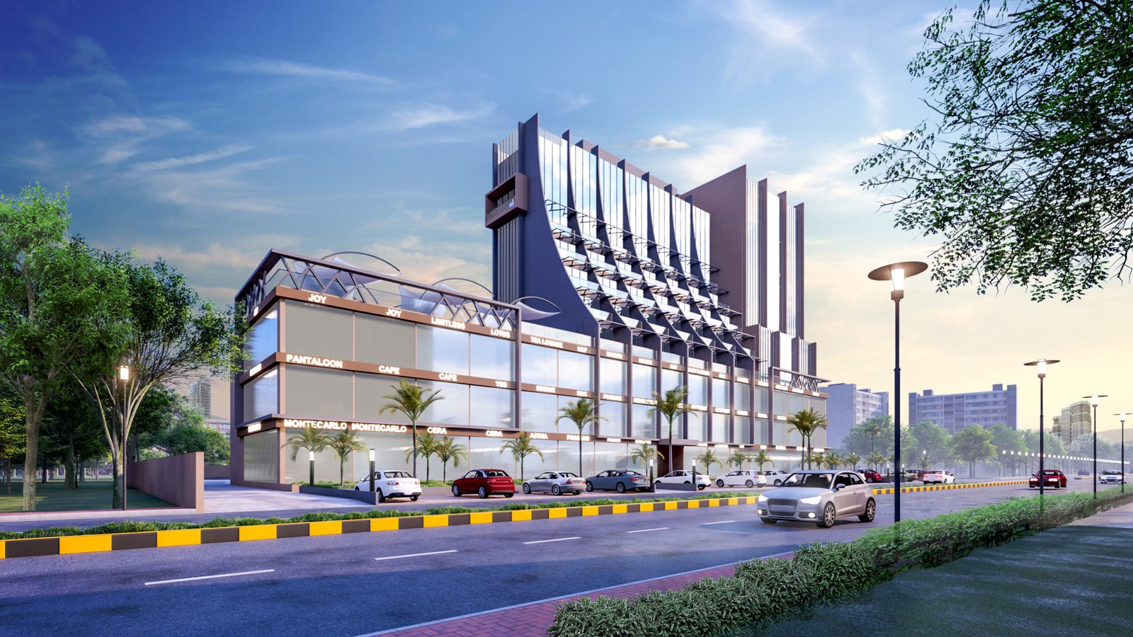 - Exterior view of contemporary high-rise retail and office building in Ahmedabad - Glass façade of iconic commercial office tower in Gujarat with solar panels - Interior lobby showcasing flexible workspace in a modern mixed-use tower - Green roof and rainwater harvesting setup atop Ahmedabad’s commercial skyscraper - Expansive fenestration flooding natural light into Gujarat’s iconic office complete