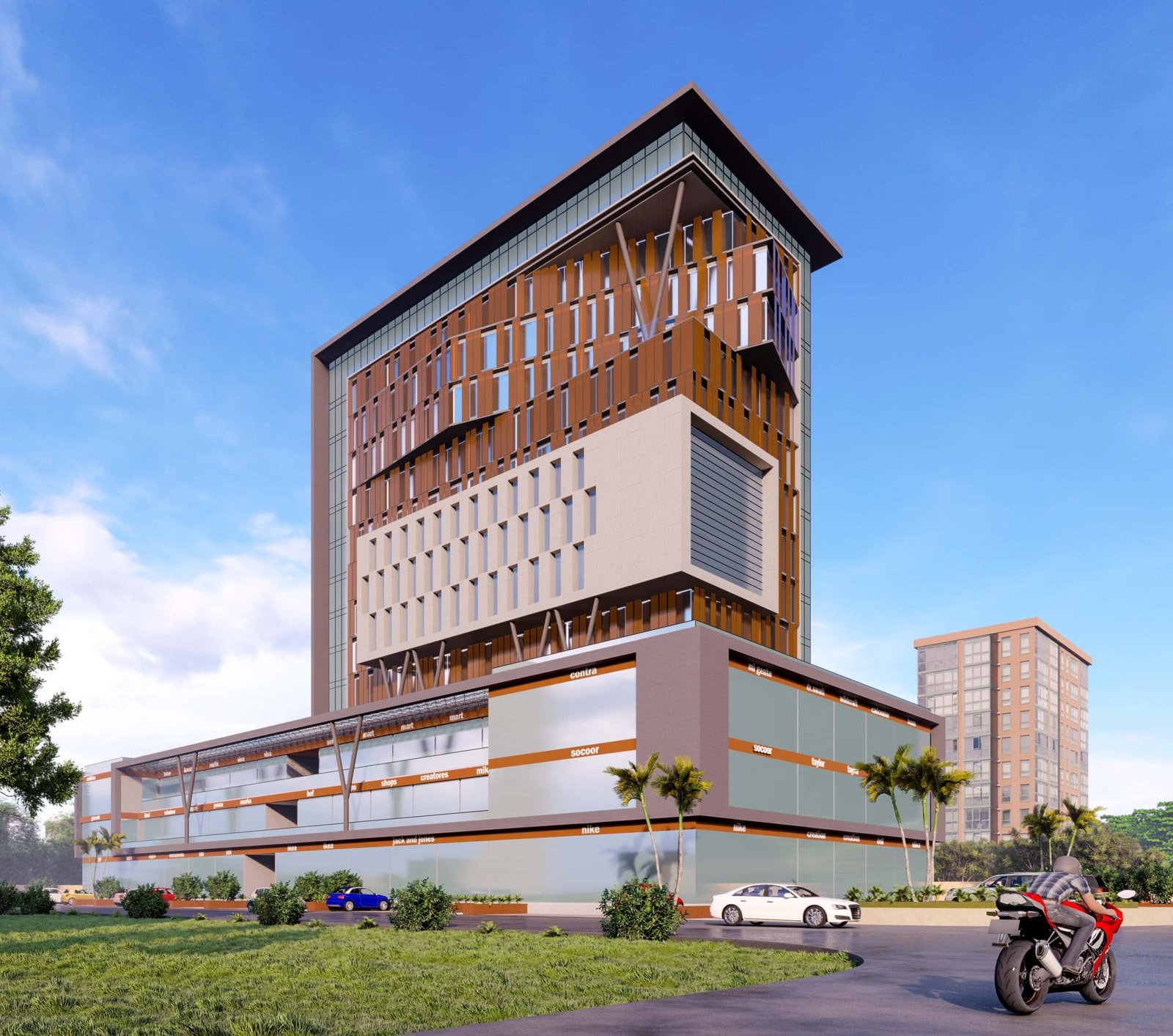 - Street-level view of the Unique Commercial Building’s angular glass and metal facade against the Ahmedabad skyline - Close-up of the building’s avant-garde exterior shapes and sustainable green-wall accents - Interior shot showcasing the flexible open-plan office space with floor-to-ceiling windows - Aerial perspective highlighting the tower’s distinctive silhouette and surrounding urban context - Evening façade illuminated to reveal the Unique Commercial Building’s dynamic architectural form